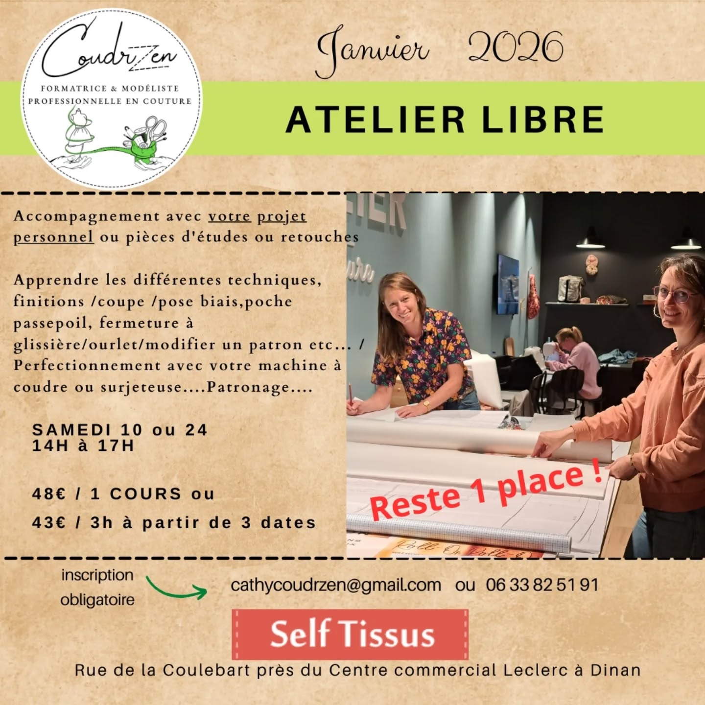 N'hésitez pas à me contacter pour connaître les disponibilités en semaine ou le samedi pour les ateliers libres chez @selftissus_dinan
Il peut rester juste 1 place pour vous.
A bientôt Cathy tél 06 33 82 51 91