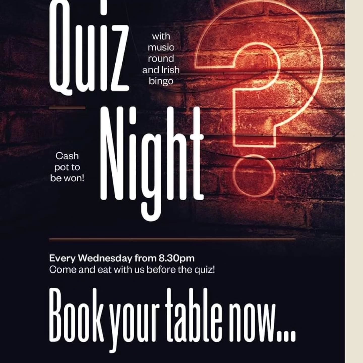 Quiz night with music round and Irish bingo every Wednesday evening from 8.30pm!
#quiz #quiznight #quiztime