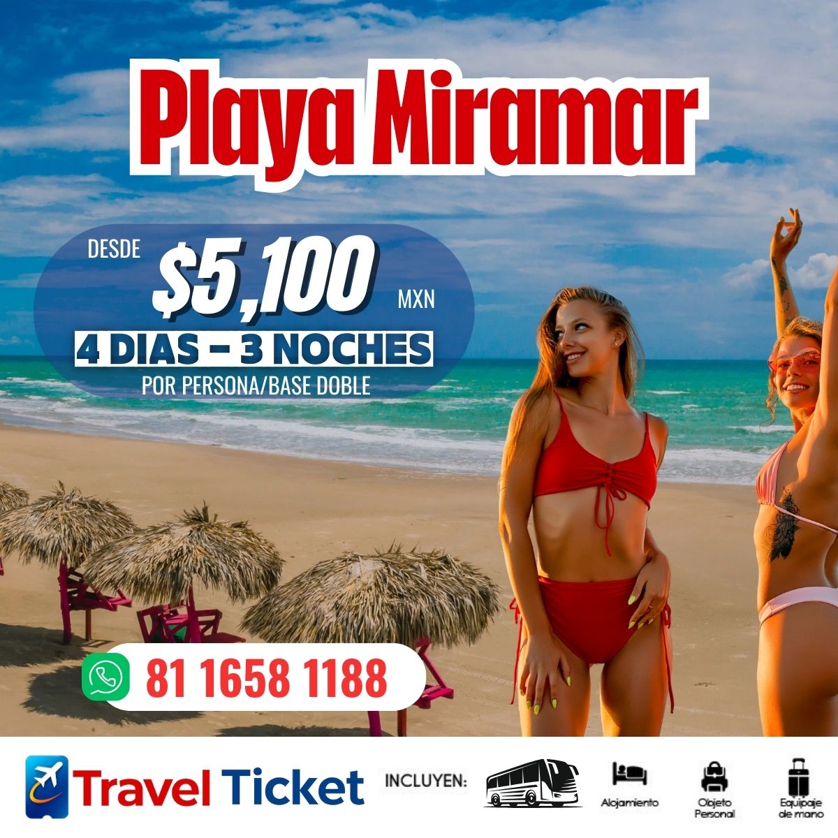 ๐โ๏ธ Escรกpate a Playa Miramar
Arena, mar y descanso total te esperan ๐
๐ฐ Desde $5,100 MXN
๐ 4 dรญas / 3 noches
๐ค Precio por persona / base doble
โ
Incluye:
๐ Transporte
๐จ Alojamiento
๐ Equipaje personal y de mano
๐ฒ Reserva hoy por WhatsApp:
๐ 81 1658 1188
โ ๏ธ Cupo limitado | Tarifas sujetas a disponibilidad
#PlayaMiramar #ViajesNacionales #EscapadaPerfecta #TravelTicket #Vacaciones