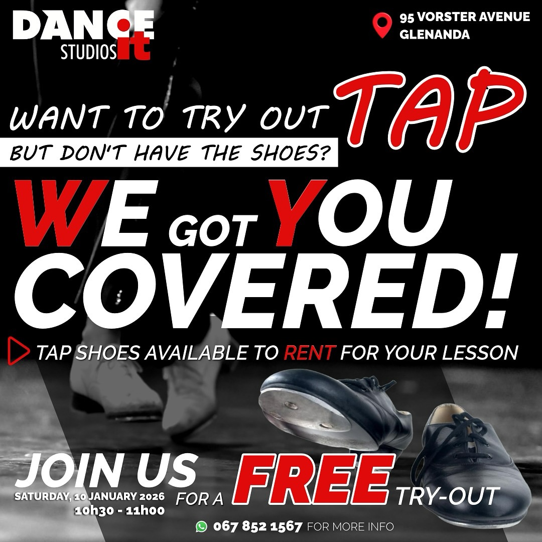 NO SHOES? NO PROBLEM!🤩
Want to try Tap but don’t have the shoes❓
At DanceIt Studios, we provide high-quality Tap shoe rentals so you can focus on the footwork, not the shopping!🤩
Perfect for all levels, our rental service alleviates the need to purchase your own pair before you’re ready.
Come test them out at our Open Day ‼️
📅 Saturday, 10 January 2026
🕙 10h30 - 11h00
📲 WhatsApp 067 852 1567 for more info.
#dance #danceit #dancestudio #tapdance #tapshoes #dancer #dancing #danceinsa #tapdanceclass #danceclass