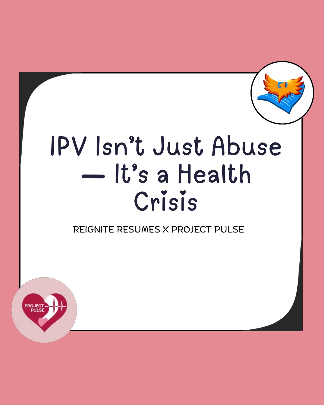 In our new collab post with @theogprojectpulse we explore and spread awareness about IPV (Intimate Partner Violence) and healthcare access!
Remember that help is always available! The national domestic violence hotline for U.S. residents can be found at 800-799-7233.
Also, if you know of yourself or any other person from an underserved community struggling to find employment, turn to Reignite Resumes, a youth-led 501(c)3 nonprofit providing free and custom resume-writing services.
Finally, be sure to check out Project Pulse’s page. They are a youth-led initiative spreading awareness on health related issues!
#nonprofit #reigniteresumes #npo #youthled #projectpulse