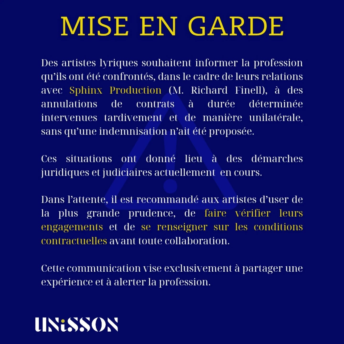 ⚠️ Mise en garde à destination des artistes lyriques
Plusieurs artistes souhaitent partager une expérience récente afin d’alerter la profession. Des annulations de contrats sont actuellement contestées par des démarches juridiques en cours.
Dans ce contexte, nous invitons chacun·e à la plus grande prudence : faites vérifier vos engagements et renseignez-vous précisément sur les conditions contractuelles avant toute collaboration.
Informer, prévenir, protéger. 🤝🎭
#ArtistesLyriques #ContratsArtistiques #ProfessionArtistique