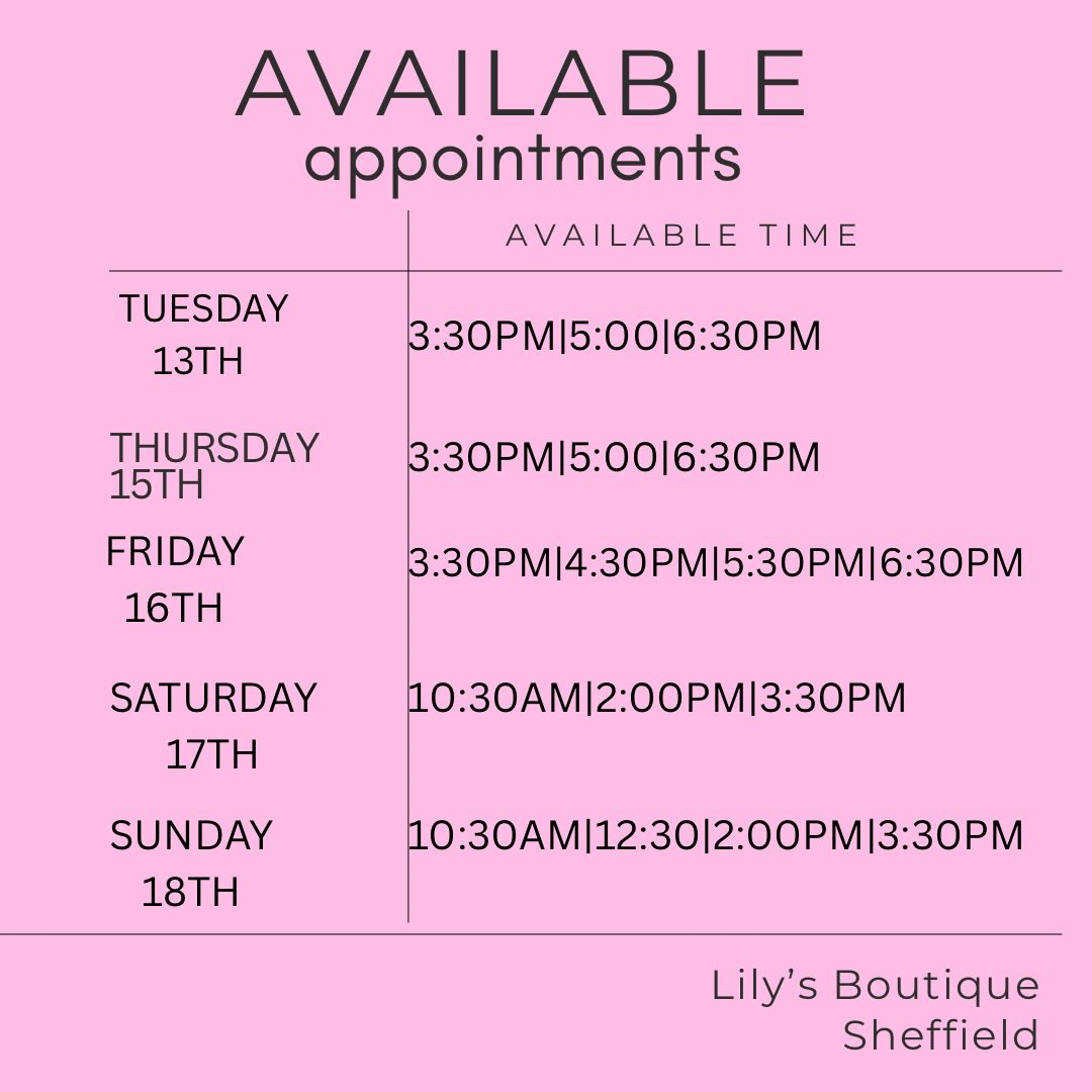 Next weeks appointments 🤩✨🌸
Come and visit us at Lily’s boutique! We have already met so many lovely customers and can’t wait to see everyone else this prom season 🩷
You can call us on 01144789777 or DM us to secure your appointment!