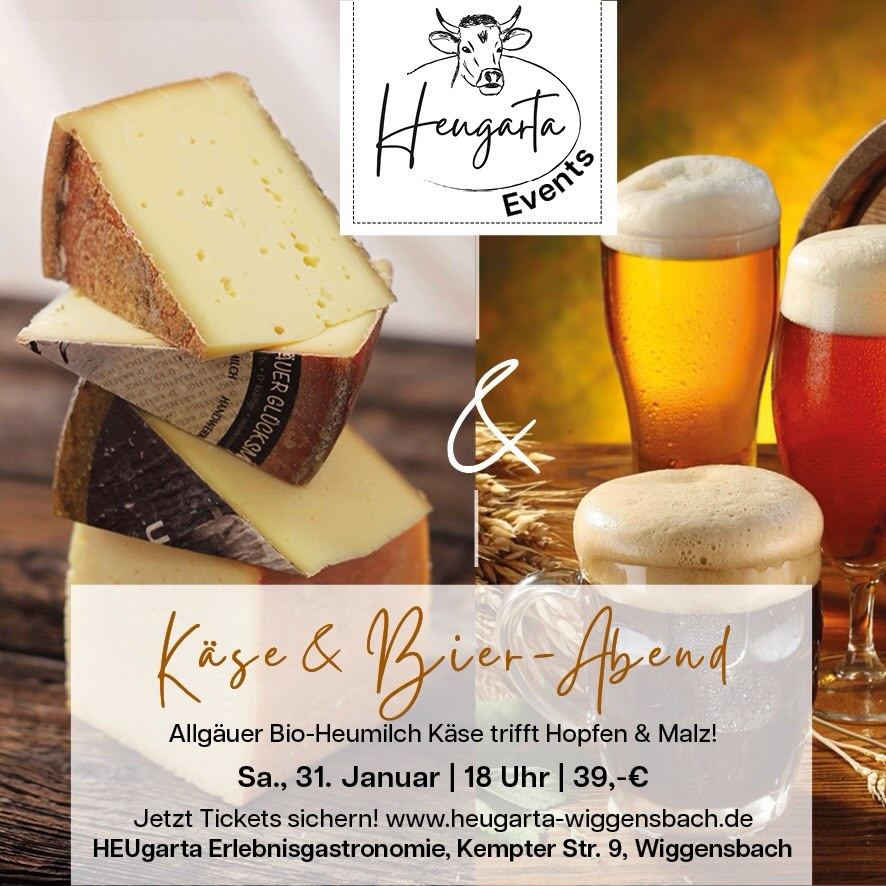 Einen geselligen Abend mit Freunden verbringen? Dann ist der Käse & Bier 🍺 🧀 Abend genau das Richtige für dich. Was dich erwartet? Ein Aperitif zur Begrüßung sowie einen Gruß aus der Küche. Anschließend werden ausgewählte Bio-Bier Sorten sowie Bio-Heumilch Käse Spezialitäten verkostet. Alles begleitet durch eine kleine Käse-und Bierkunde. Einlass ist um 17 Uhr. Hier geht es zu den Tickets: heugarta.ticketbro.com #bier #käse #bio #regional #geselligerabend