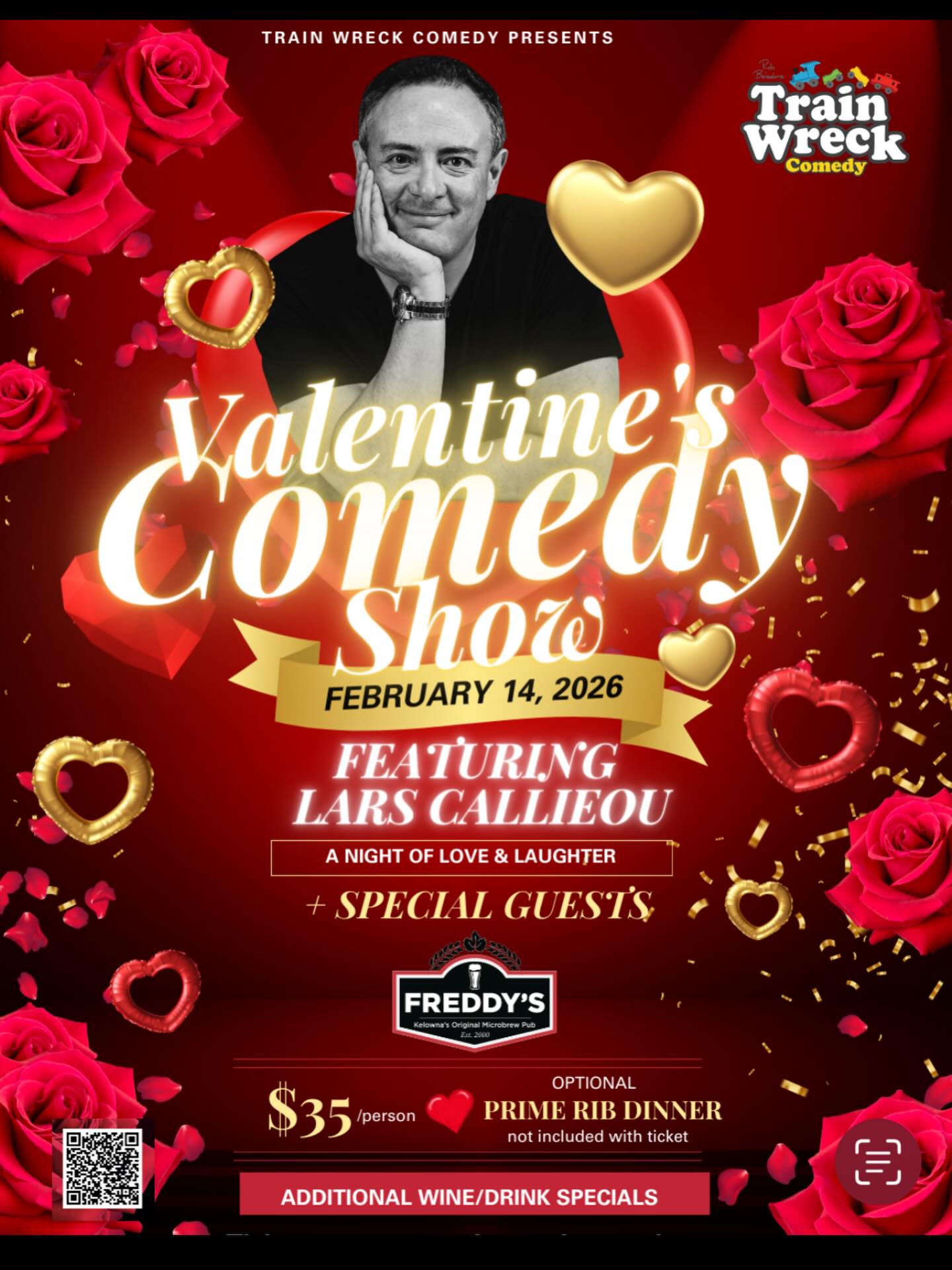 Love, laughter and a little wine🍷💕
Join us for our Valentine’s Day Comedy show at Freddy’s!
🗓️February 14th 2026 | ⏰ 8pm - 10pm
🥩Prime Rib dinner available (not included with ticket)
🍻Drink and wine specials
Grab your date (or crew) and come laugh the night away!
Get your tickets at www.trainwreckcomedy.com