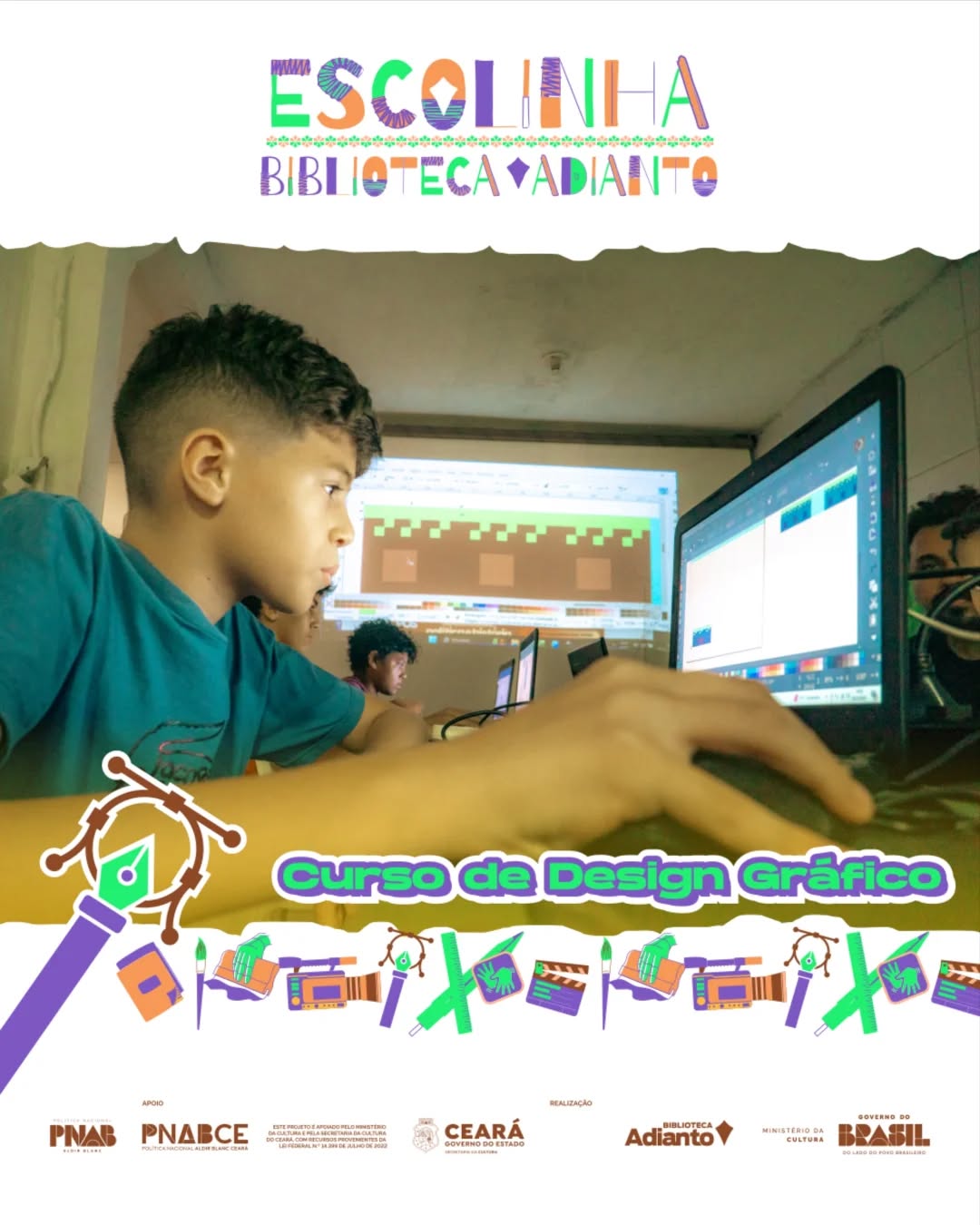 🎨📚 Curso de Design Gráfico – Escolinha Biblioteca Adianto
O projeto Escolinha Biblioteca Adianto segue abrindo portas para a criatividade e o conhecimento!
O Curso de Design Gráfico com @weleyfarpa é uma oportunidade para crianças e jovens desenvolverem o olhar criativo, aprenderem noções de comunicação visual, cores, formas e composição, tudo de maneira leve, prática e educativa.
Mais do que aprender a criar artes, o curso estimula a imaginação, a expressão e o pensamento criativo, fortalecendo habilidades importantes para o futuro.
📍 Projeto desenvolvido na Biblioteca Adianto
✨ Educação, criatividade e transformação através da arte
Este projeto é apoiado pelo Ministério da Cultura e pela Secretaria da Cultura do Ceará, com recursos provenientes da Lei Federal N.º 14.399 de Julho de 2022