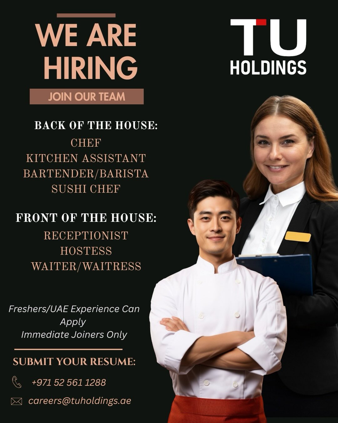š¢ Weāre Hiring! Join Our Team!
Are you passionate about providing excellent service and creating memorable dining experiences? Weāre on the lookout for enthusiastic, dedicated, and customer-focused individuals to join our growing team!
We have few open job roles.If you have any suitable CVs or know candidates who might be a great fit, kindly share them with us at your earliest convenience.
FOR OUTLETS:
-Back of the House
-Chef
-Kitchen Assistant
-Bartender/Barista
- Sushi Chef
-Front of the House:
- Receptionist
- Hostess
- Waiter/Waitress
What We Offer:
⨠A supportive and dynamic team environment
š“ Staff meals and exclusive discounts within our outlets and partner venues (for you and your family & friends)
š Career growth opportunities and much more
Letās grow together ā Apply now and be part of something exciting!
For more information or to submit CVs, please contact the below mentioned details on the Job #marketingabudhabi #abudhabijobs #abudhabijobsearch