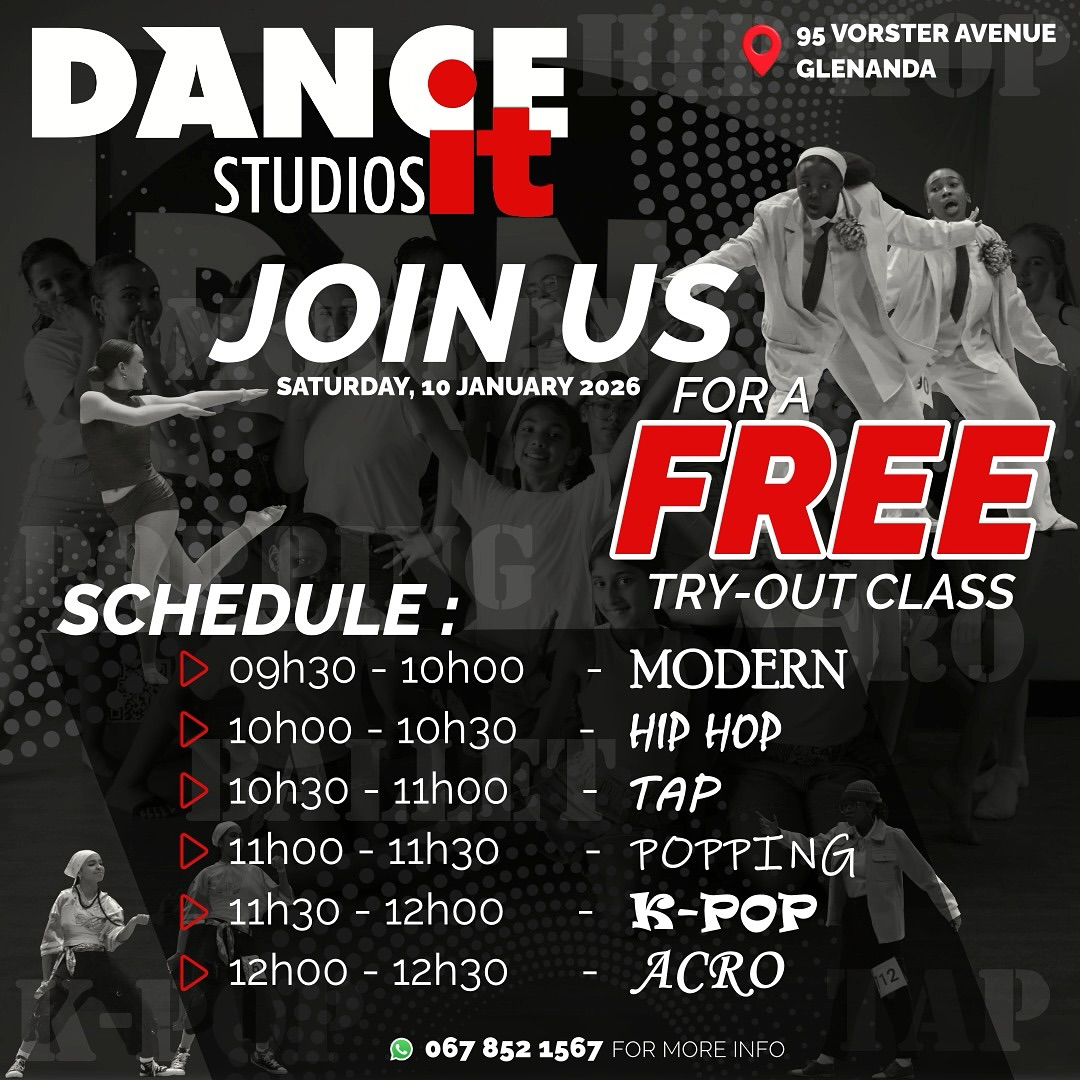 Ready to kick off the year with some new moves⁉️
Join us for our Open Day! This is your chance to try out six different dance styles in one morning — completely free of charge‼️
Whether you’re a beginner or looking to sharpen your skills, there’s a class for everyone:
⏰ 09h30 – 10h00: Modern
⏰ 10h00 – 10h30: Hip Hop
⏰ 10h30 – 11h00: Tap
⏰ 11h00 – 11h30: Popping
⏰ 11h30 – 12h00: K-Pop
⏰ 12h00 – 12h30: Acro
📍 95 Vorster Avenue, Glenanda
📅 Saturday, 10 January 2026
No experience? No problem!
Just bring your energy and let’s dance 🕺
#dance #danceit #dancestudio #danceitstudios #dancer #dancing #danceinsa #danceclass