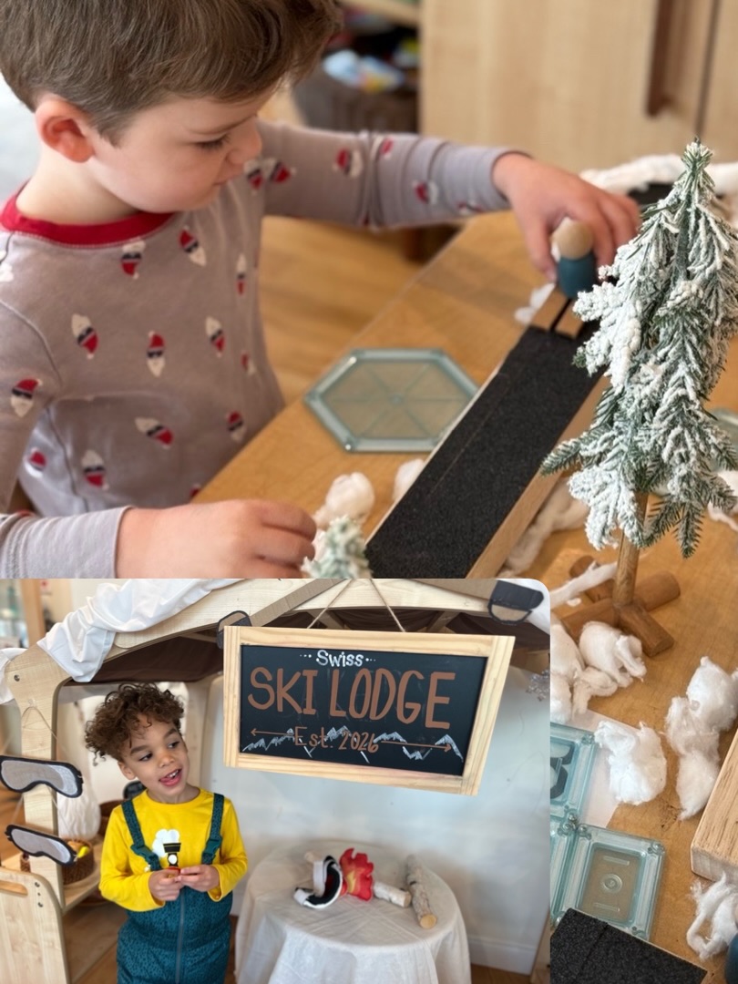Welcome to the Swiss Ski Lodge! Cambridgeport Pre-K is going to be studying the painter @katesalinger from Switzerland.
O shared that Switzerland is a country where people ski ⛷️ We explored a globe together to see how far away Europe is from Cambridge, and then used our map book to learn more about Switzerland 🇨🇭
F noticed the many mountains called the Swiss Alps. A spotted two cows, which told us there is farming in Switzerland. Z noticed a plus sign, which is part of the Swiss flag. L thought the plus sign looked like an “X,” similar to A’s name! R noticed a big dog called a Saint Bernard, which lives in Switzerland.
Morah Jenna shared photos of her grandma and grandpa skiing in Switzerland. Friends noticed the snow and pine trees on the mountains. O Shared that pine trees are coniferous trees, which means they do not lose their needles.
Next, we explored the inside of a tree. R noticed that the circular piece had rings, and the long piece had lines going down, called the grain of the wood. We counted the rings together and found 25 rings, which means the tree was 25 years old!