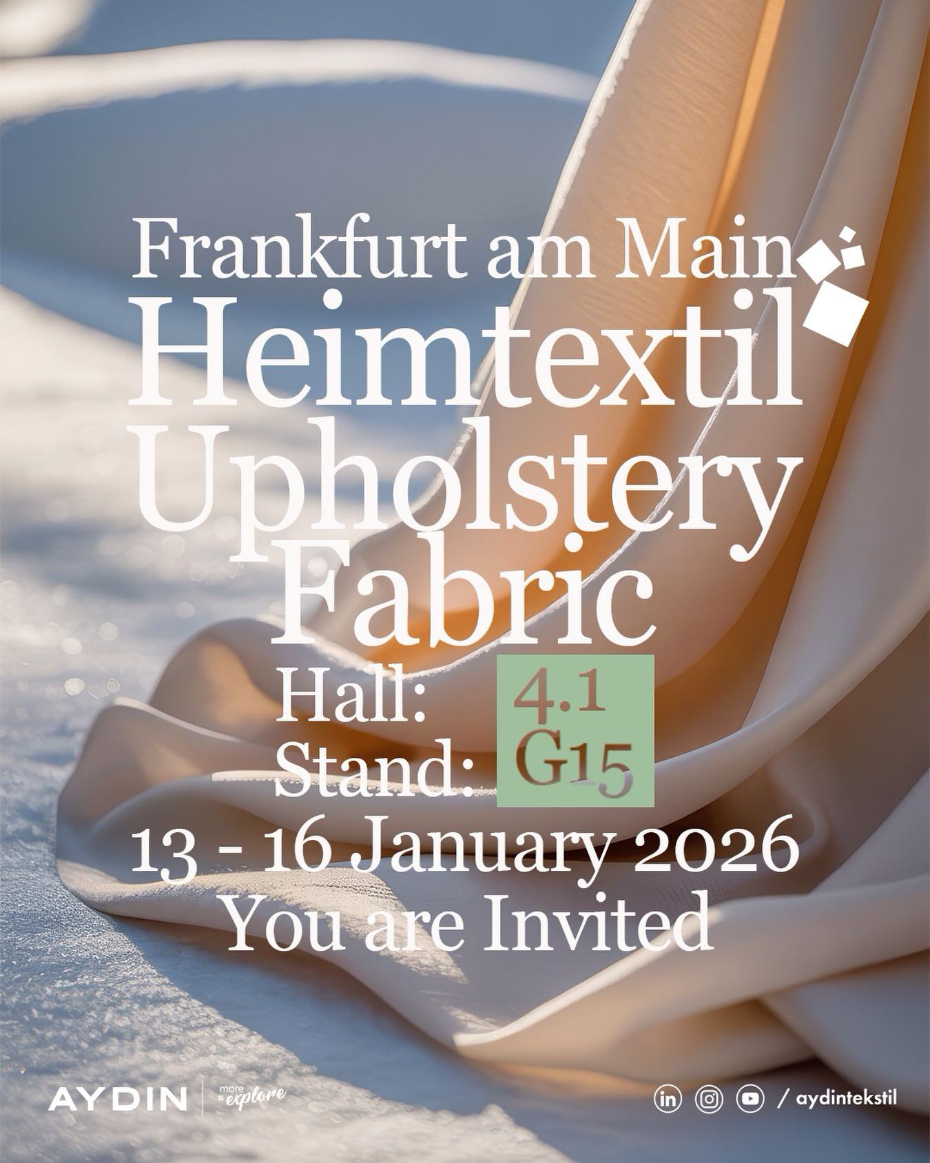 We are delighted to invite you to Heimtextil 2026 in Frankfurt. Join us as we unveil our latest upholstery fabric collections, where innovation meets timeless texture. We look forward to welcoming you and sharing our passion for design.”
📍 Visit us at: Hall 4.1 — Stand G15
📅 Date: 13–16 January 2026
#Heimtextil2026 #AydinTekstil #TextileDesign #UpholsteryFabric #Frankfurt InteriorDesign TextileInnovation
