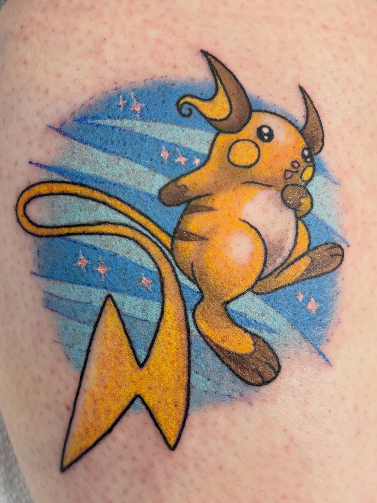 Got to do the Raichu from my Pokemon tcg flash for a cool client today~~ I’d love to do some more Pokemon tats this year, let’s make it happen! ⚡️✨ #pokemon #pokemontattoo #animetattoo #queertattooartist #raichu