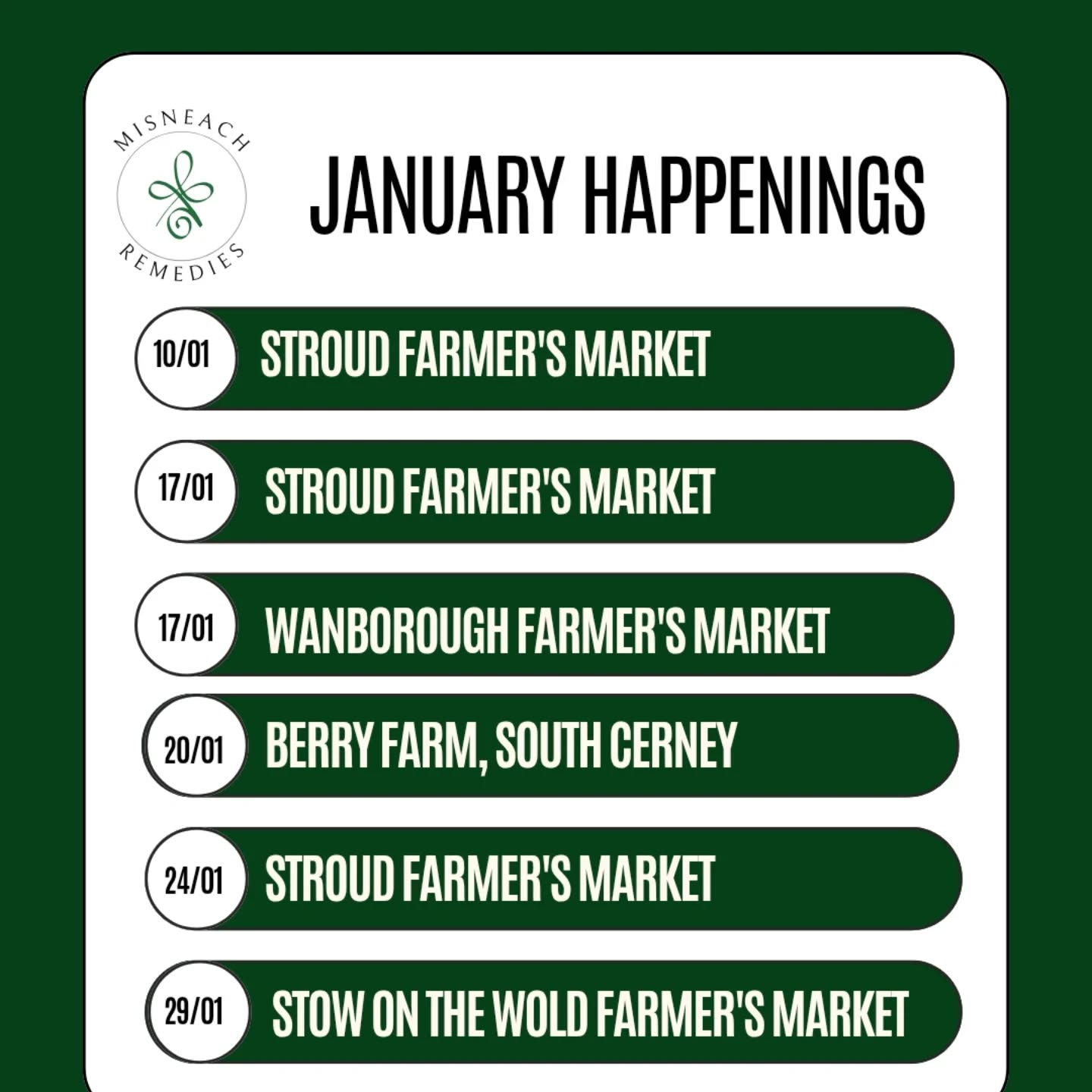 January's Happenings 2026:
Super excited to throw myself back into Misneach.
Three Stroud Farmer's Markets...eeek! Thank you @freshnlocalmarkets 🙌🙏
10th/17th and 24th January - Stroud Farmer's Market - 9am until 2pm
17th - Wanborough Farmer's Market- 9am until 12pm
20th - Berry Farm Women's Supporting Women Networking Event - message me or @berryfarmcotswolds
29th - Stow on the Wold Farmer's Market - 9am until 1pm
Let's get 2026 started! Looking forward tonstarting strong!
Le grá,
Jennie xxx
#Misneachremedies #smallbusiness #farmersmarkets #Happenings #natural