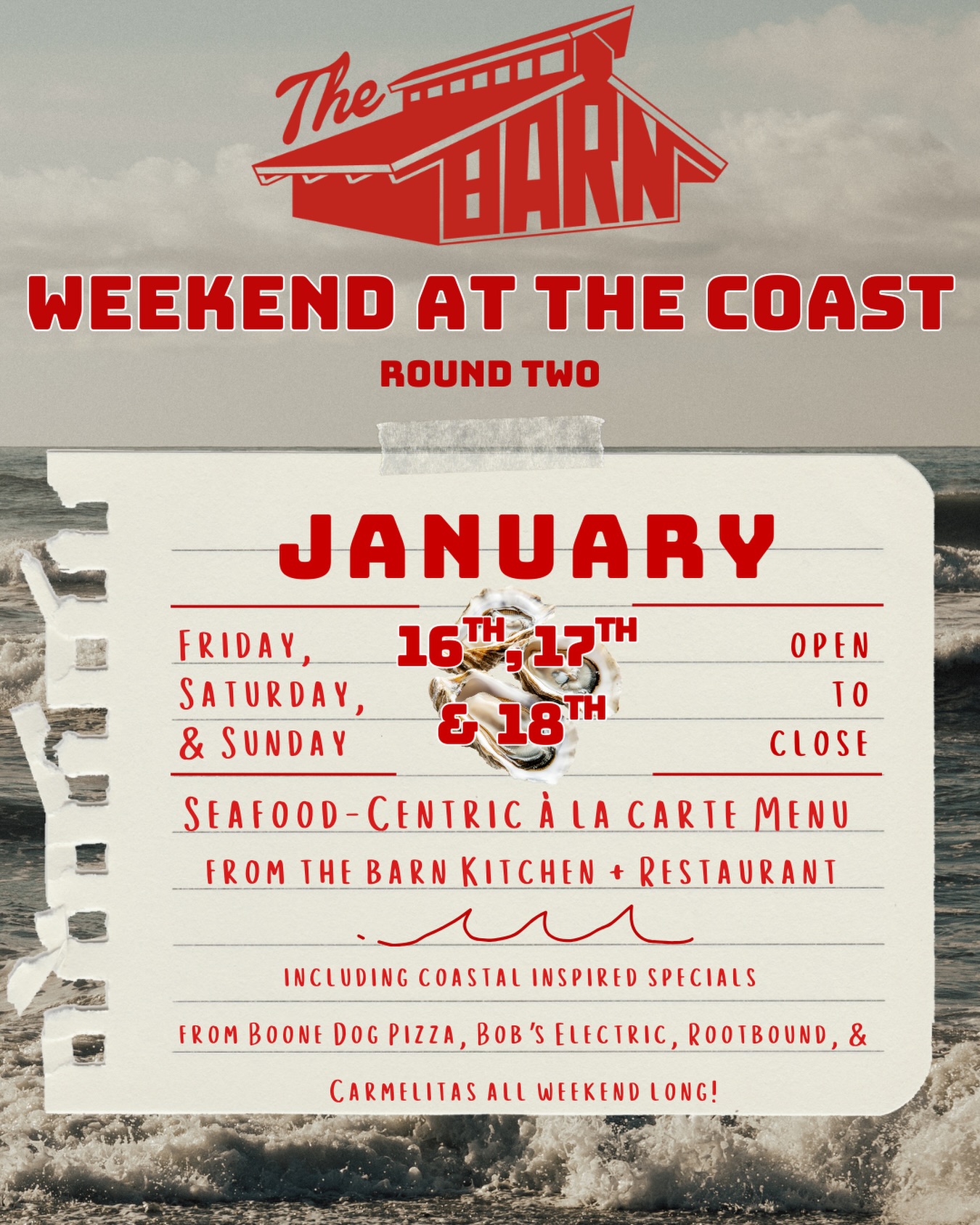 🌊 Follow the voice of the siren to The Barn in Sisters next weekend for Weekend at the Coast: Round 2 🌊
The coastal vibes are rolling back into The Barn for Round 2 of Weekend at the Coast, happening January 16th, 17th & 18th.
This time, we’re turning it up even more - all four of our food trucks - @boonedogpizza @bobselectricfoodtruck @rootboundfoodcart @carmelitas.sisters - will be joining the fun with a special, coast-inspired menu item for the weekend. That’s right, on top of a seafood-centric menu that you came to love last month, all The Barn food trucks are also joining in the fun! Think salty air energy, seaside flavors, & plenty of delicious surprises to discover as you make your way around The Barn.
Same cozy Barn, extra ocean magic. Grab your crew, come hungry, & let’s do the coast—Central Oregon style.
🐟 🦀 🦪 🍤