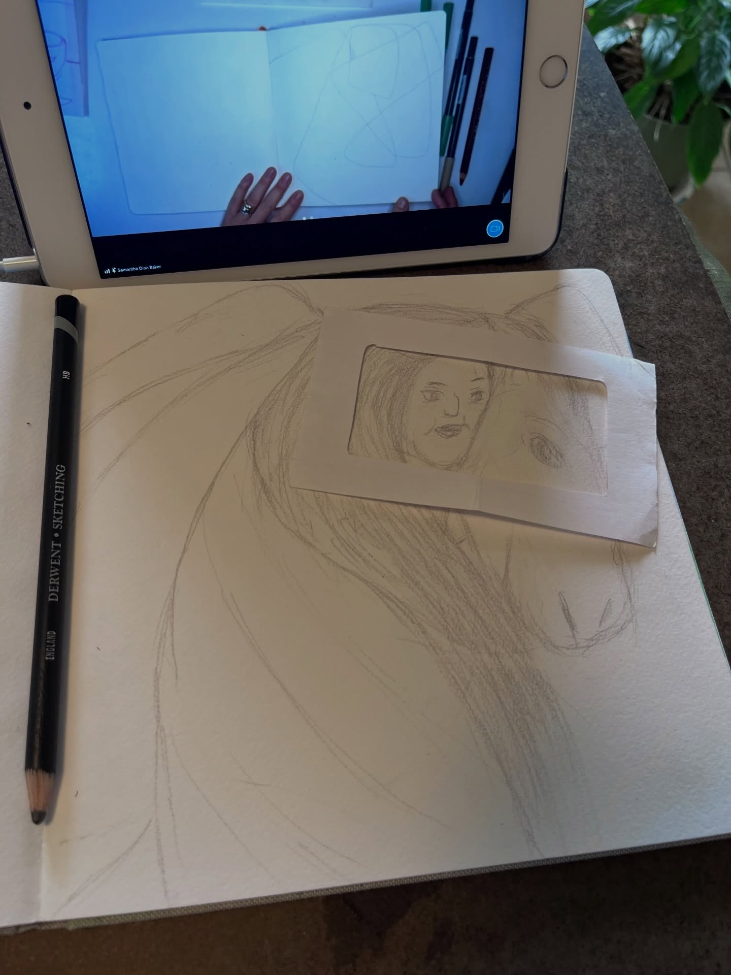 Thanks to @sdionbakerdesign for reviewing composition ideas for drawing in one of her Zoom classes. One of Samantha’s ideas was a fill-scribble to compose different things within those spaces, but as she showed that idea, someone mentioned about how some artists use that to make portraits.
That lead me to notice images in what Samantha made from the scribble on the page. It lead me to draw what I imagined in my sketchbook page. Plus Samantha shared how to create our own viewfinders with a separate page or index card and scissors. So I thought to share what inspired me the most about today’s class. I love being able to learn and be inspired this way with creativity may it be with visual or written art.