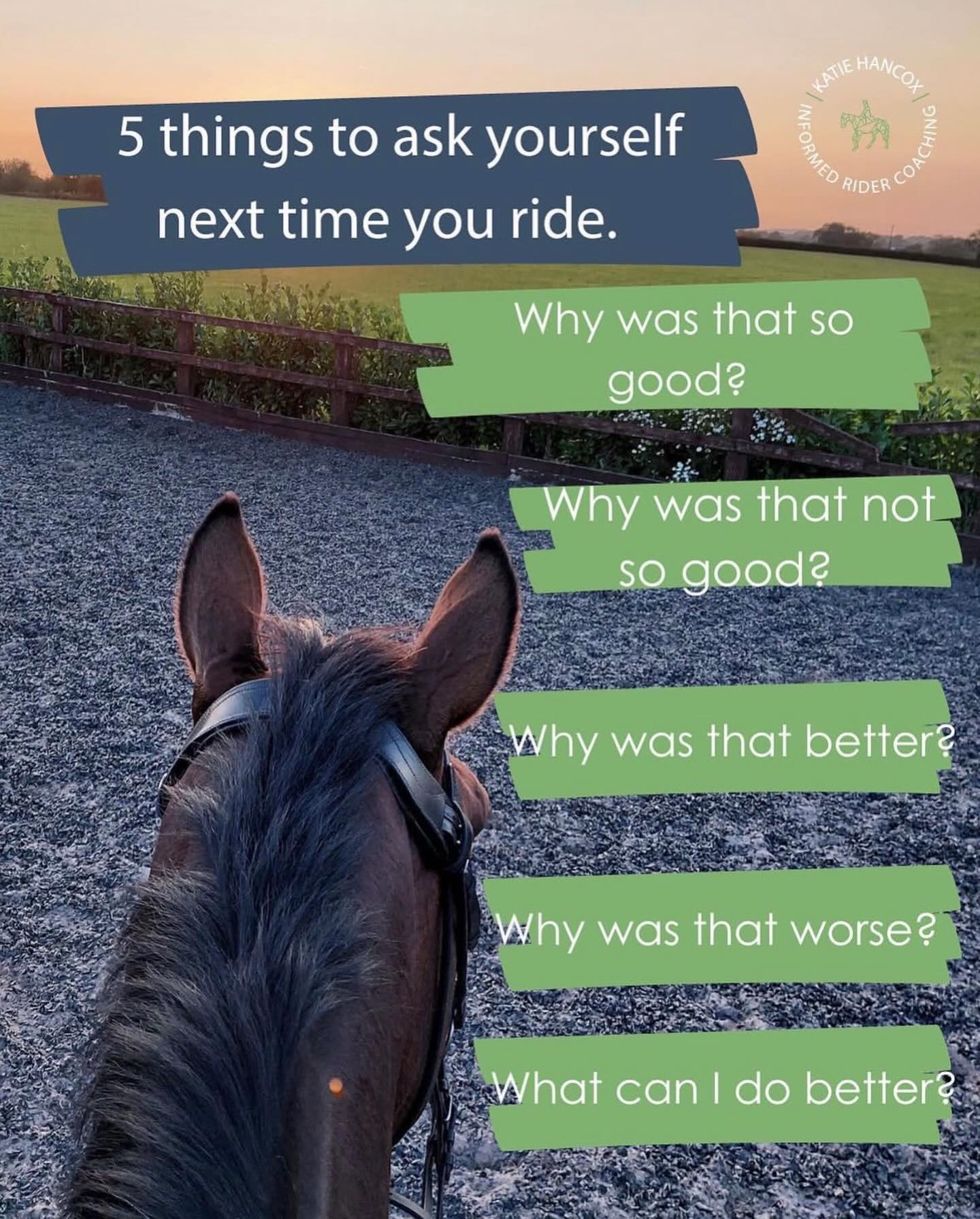 š When you understand the why, the how becomes easy šš¼
Why is my favourite 3 letter word.
It encourages and invokes curiosity- which then triggers learning and growth.
All of which are needed to succeed and improve
Itās the thing we should be asking ourselves 10 times over with our horses and then taking time to sit back and reflect on the why and think about the answer.
When we understand the why and the root of the cause we can then more easily rectify or repeat and improve to get better results.
When you ask yourself any of these questions it immediately starts your brain searching for an answer, a fix, a solution ideally an improvement!
Part of my job is to help you understand the why then the how and itās one of the things I love most about coaching!
So how often do you think about and ask why?
Katie
#informedridercoaching #informedcoaching
#reflectivecoaching #growthmindset