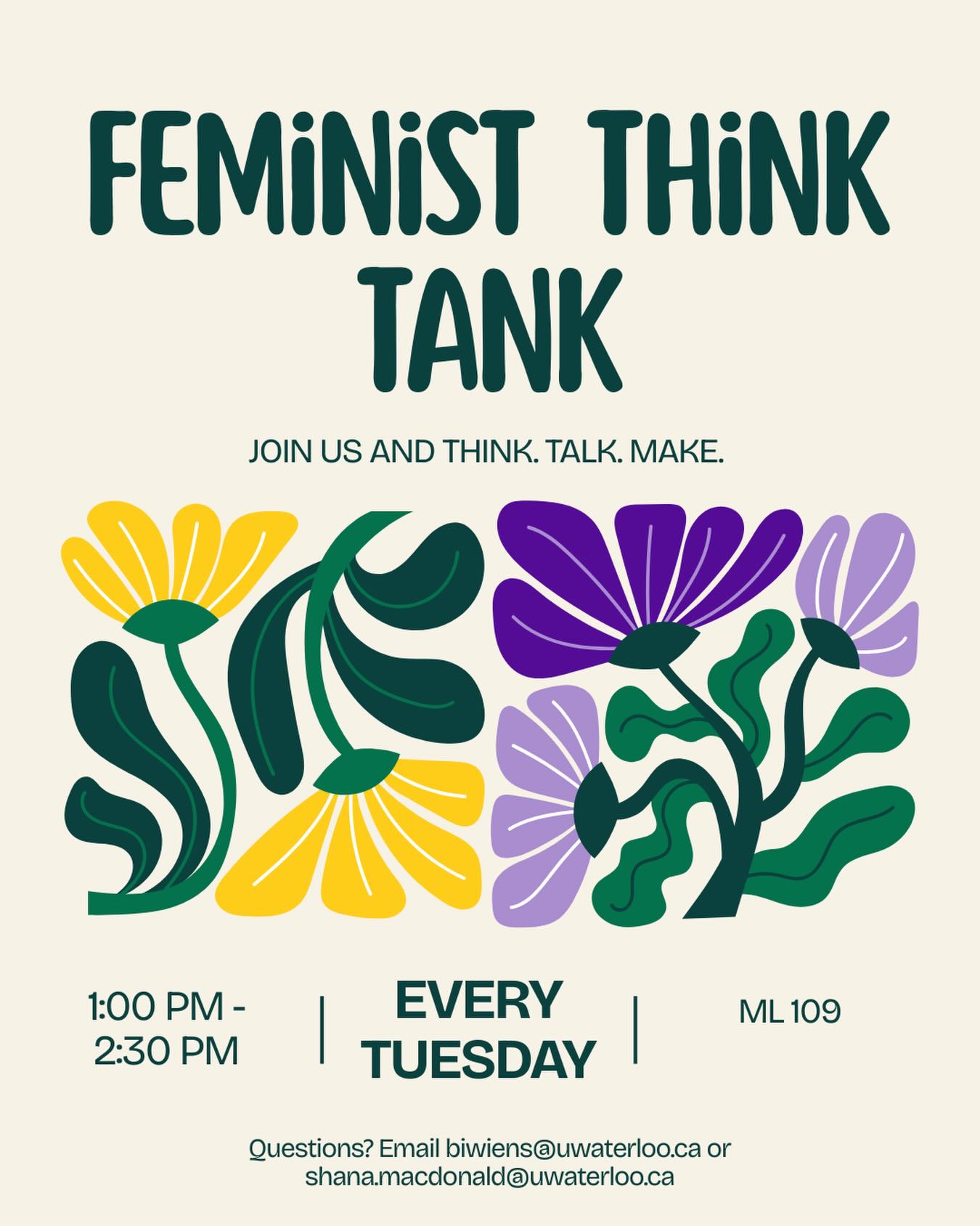 And just like that, we’re back again for another winter term! Feminist Think Tank meetings are every Tuesday from 1:00PM to 2:30PM in ML 109 (right by ML’s diner)! All are welcome to drop by to think, talk, make, relax, vibe, connect, and build community! 🫰
(nothing to see here, just a repost after fixing a typo 😅)