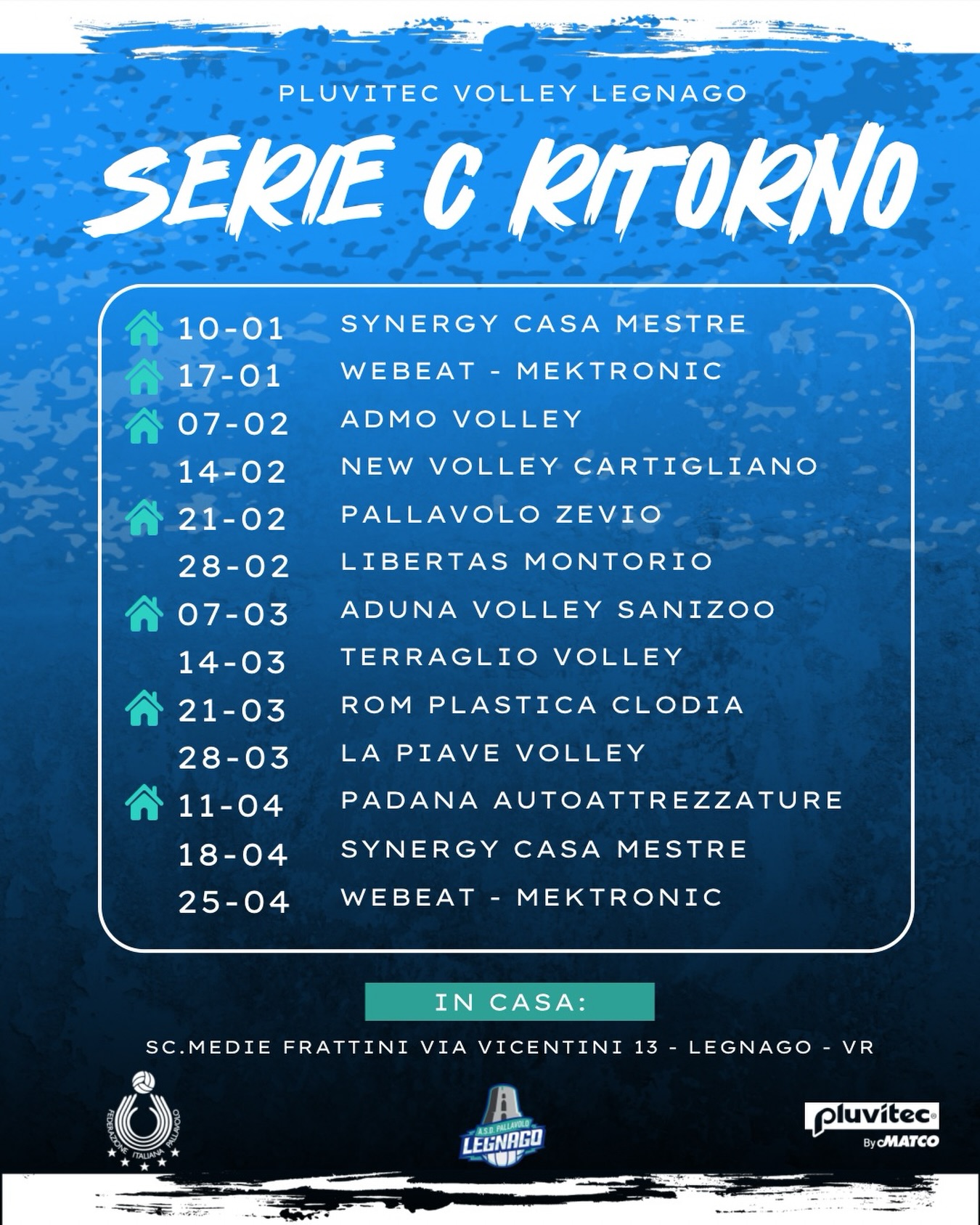 Serie C – Ultime partite del girone di andata e girone di ritorno
Si riparte 🔁
Il campionato ricomincia dal 10 gennaio: ecco il calendario delle gare.
Pronti a tornare in campo, con la stessa grinta che ha caratterizzato il 2025.
#asdpallavololegnago