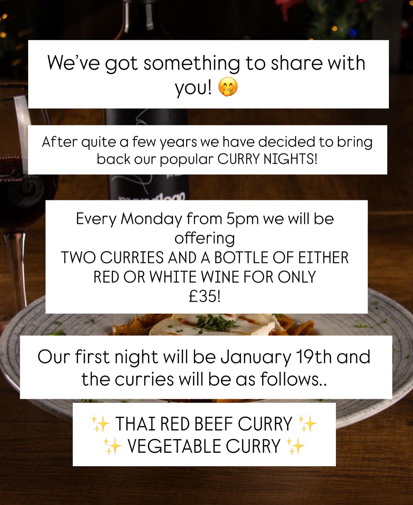 🥇 ITS COMPETITION TIME 🥇
To treat you all a little bit more and to celebrate the return of our popular curry nights, we are giving away a table for two to enjoy one of our curry nights! 🏆
To be in with a chance of winning all you have to do is..
⭐ Like this post.
⭐ Share this post.
⭐ Give us a follow if you don’t already! 🤪
⭐ Tag the person you would like to bring along with you!
^^^^ we will be checking to make sure you have entered correctly. 🤪 Our winner will be announced on Saturday 17th January at 7pm.
GOOD LUCK!!! 🥇