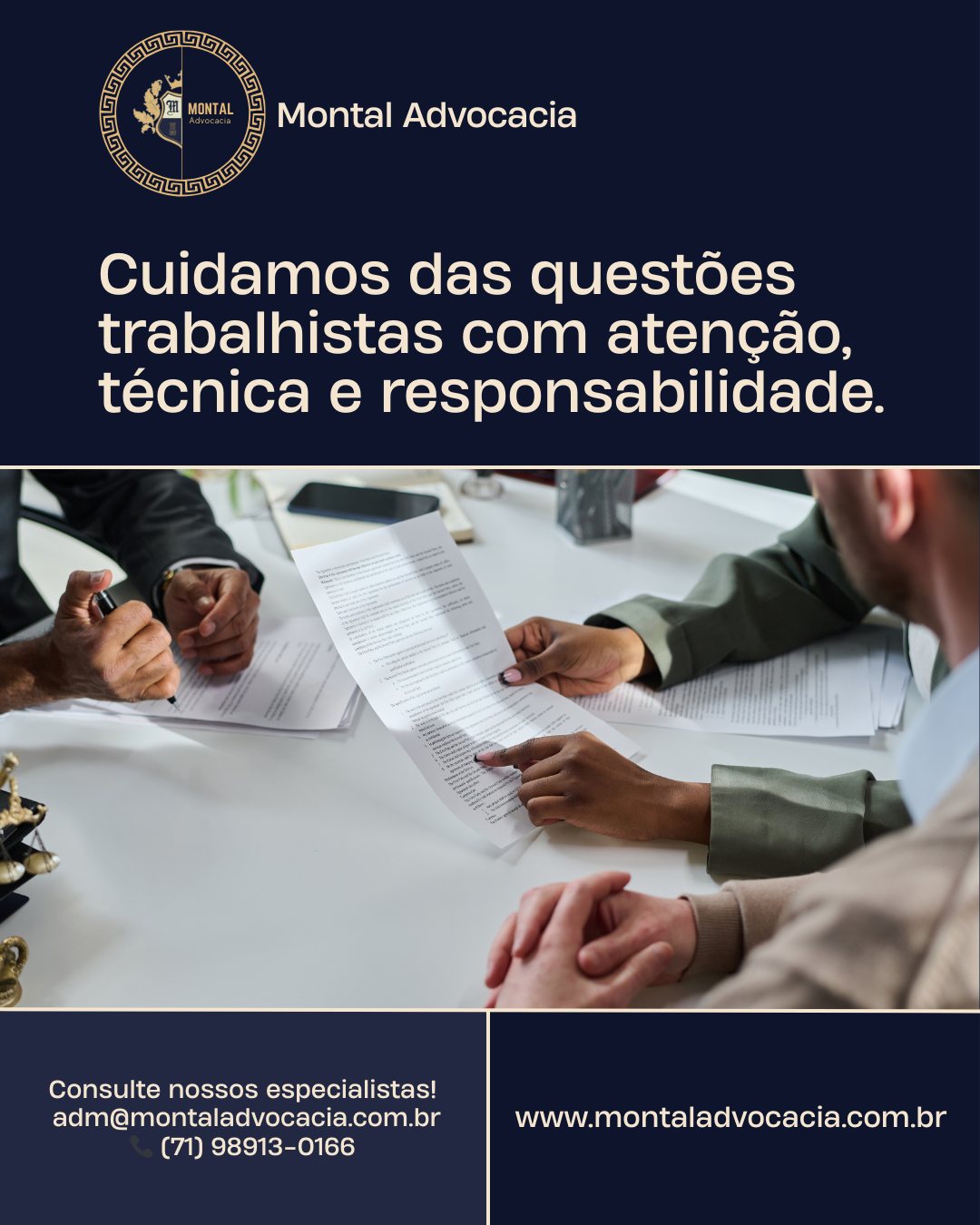 No cotidiano das relações de trabalho, dúvidas e decisões importantes surgem com frequência — tanto para empregados quanto para empresas.
Ter orientação jurídica adequada faz diferença para prevenir conflitos, reduzir riscos e garantir mais segurança nas decisões.
O escritório Montal Advocacia atua de forma responsável e estratégica no Direito do Trabalho, sempre com foco na análise cuidadosa de cada situação.
www.montaladvocacia.com.br
📧 adm@montaladvocacia.com.br
📞 (71) 98913-0166
#DireitoDoTrabalho #QuestõesTrabalhistas #MontalAdvocacia #SegurançaJurídica #OrientaçãoJurídica