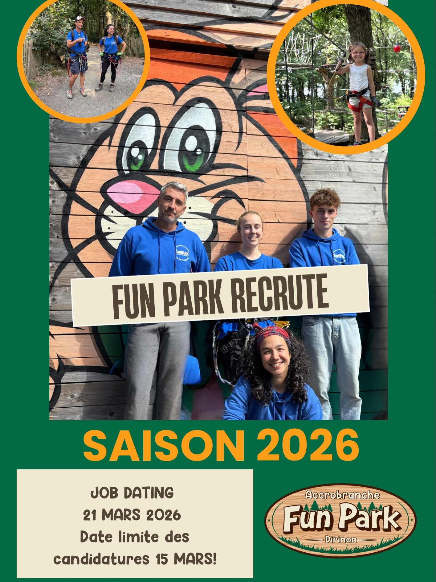 🌳🌳🌳🌳🌳🌳🌳🌳🌳🌳🌳🌳🌳🌳🌳🌳
La saison 2026 ne va pas tarder à reprendre au parc de Dirinon !🥳
Les préparatifs sont lancés et les recrutements commencent dès maintenant!!!!!🤗
Postes à pourvoir:
Vacances de Pâques :
1 personne
4h par jour
Week-ends et ponts de mai et juin : 4h par jour
Pleine saison :
3 à 4 personnes
Juillet et août
35h par semaine
Profil recherché (H/F)
Étudiant
Sportif
Ponctuel
Accueillant et souriant
À l’aise avec le public
Une expérience dans l’accueil ou le commerce est un plus, mais aucune expérience ni diplôme en accrobranche n’est requis.
Candidature
Envoyer un SMS au numéro du parc!!!!
Un rappel sera effectué avec plaisir pour échanger davantage.
#recrute #accrobranche🌳 #2026 #jobdating