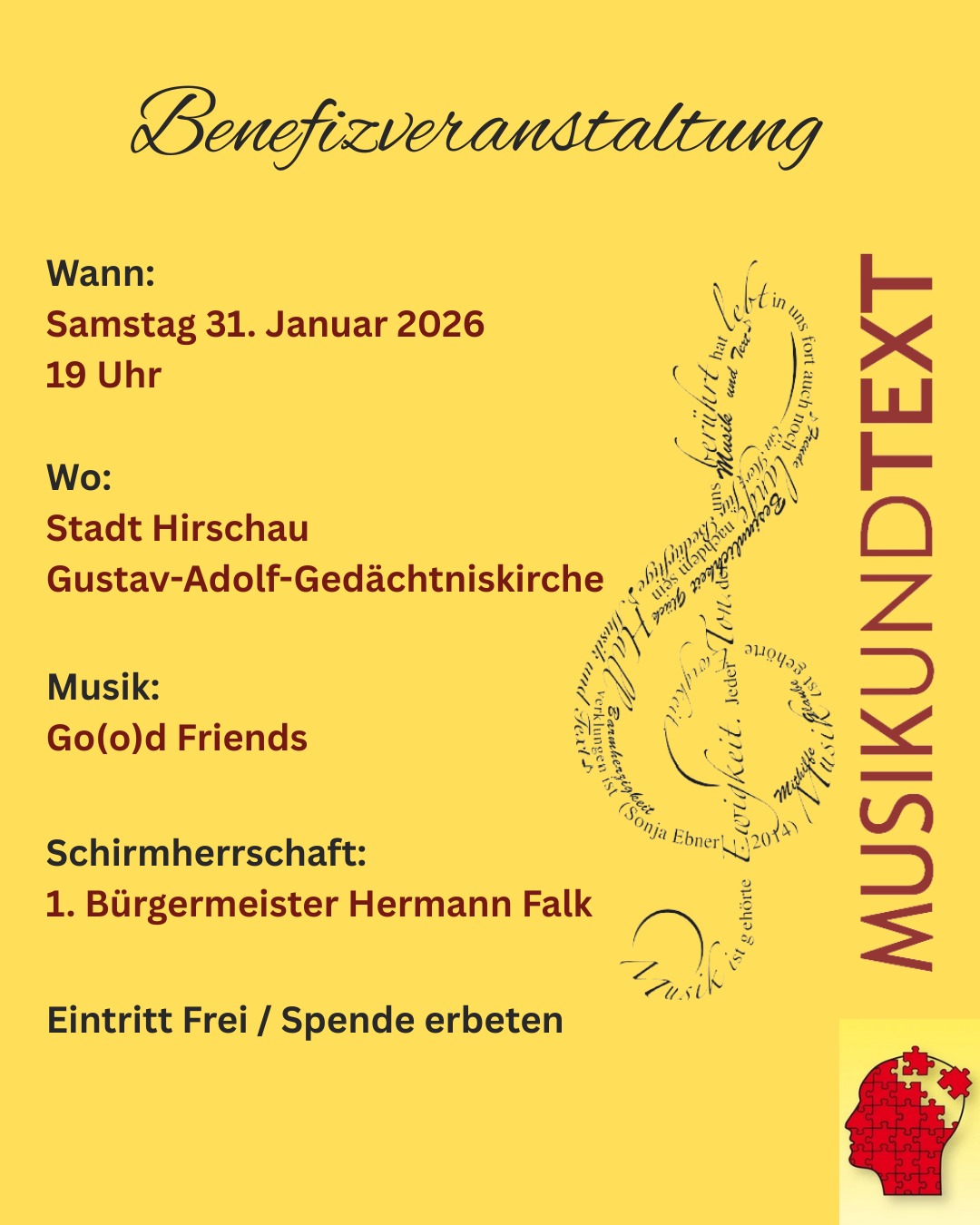 🎶Ein Abend für den guten Zweck! 🎶
Am Samstag, den 31. Januar 2026, wird die evangelische Kirche in Hirschau zum besonderen Klangraum: Die Gruppe Go(o)d Friends gibt ein Kirchenkonzert zugunsten unseres Verbandes. Organisiert von Musik und Text (www.musikundtext.eu).
Wir laden euch herzlich ein, diesen musikalischen Abend mit uns zu erleben und dabei eine gute Sache zu unterstützen. Gemeinsam für unsere Gemeinschaft!
📅 Wann? 31.01.2026
📍 Wo? Evangelische Kirche, Hirschau
💌 Weitere Infos gibt es bei uns in der Geschäftsstelle. Schreibt uns gerne eine Nachricht oder ruft an.
Wir freuen uns auf einen unvergesslichen Abend mit euch – sagt es gerne weiter und kommt zahlreich!
#Benefizkonzert #Kirchenkonzert #Go(o)dFriends #Hirschau #Gemeinschaft #Verbandsarbeit #Konzertabend #GuterZweck