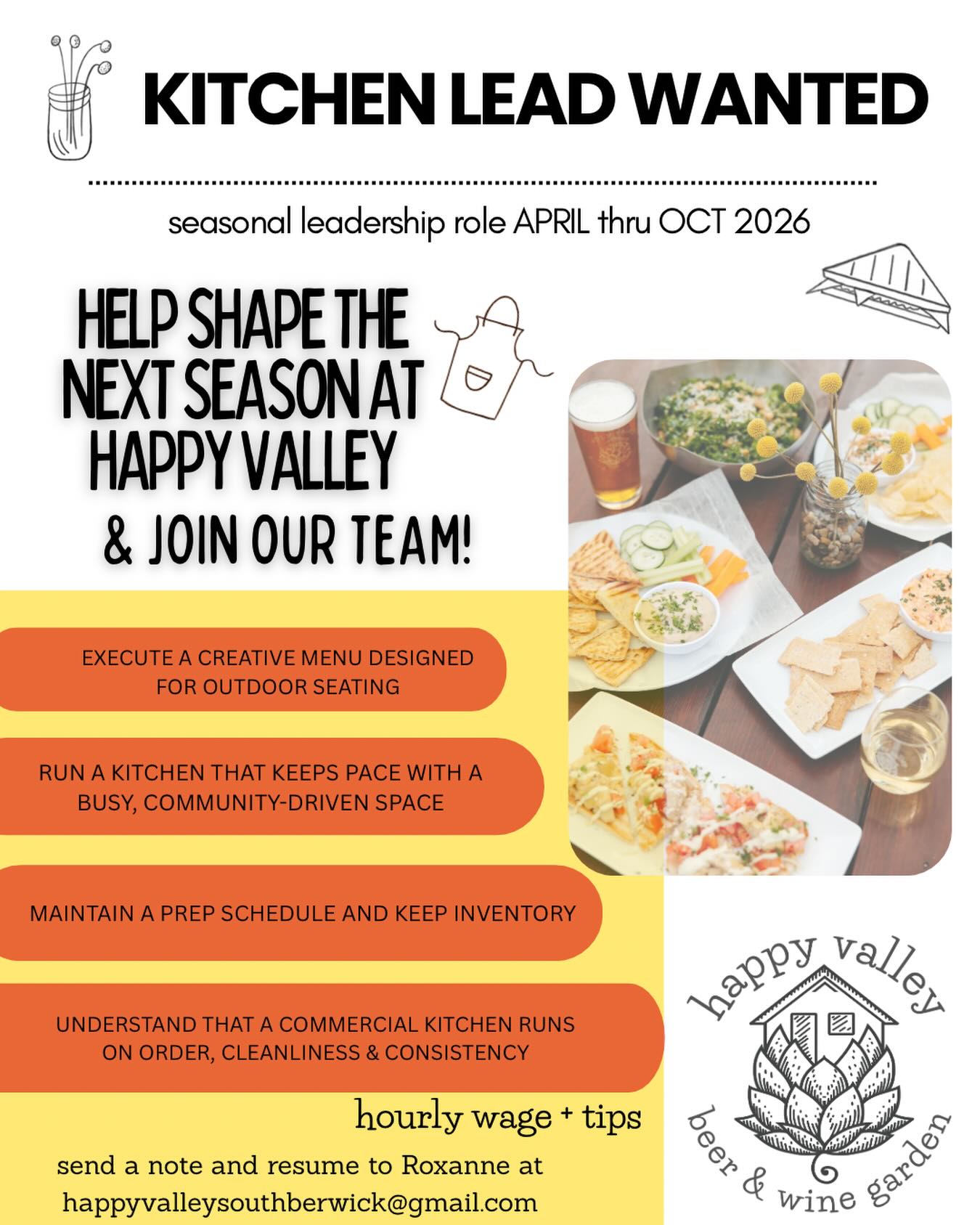 We’re looking to welcome a new member to our Happy Valley family this season! ✨
If you or someone you know is interested in helping elevate our kitchen for season 2026, please send us a note & your resume to:
happyvalleysouthberwick@gmail.com
#mainejobs #seacoastnh #seacoastmaine #seacoasteats #seacoasteatlocal