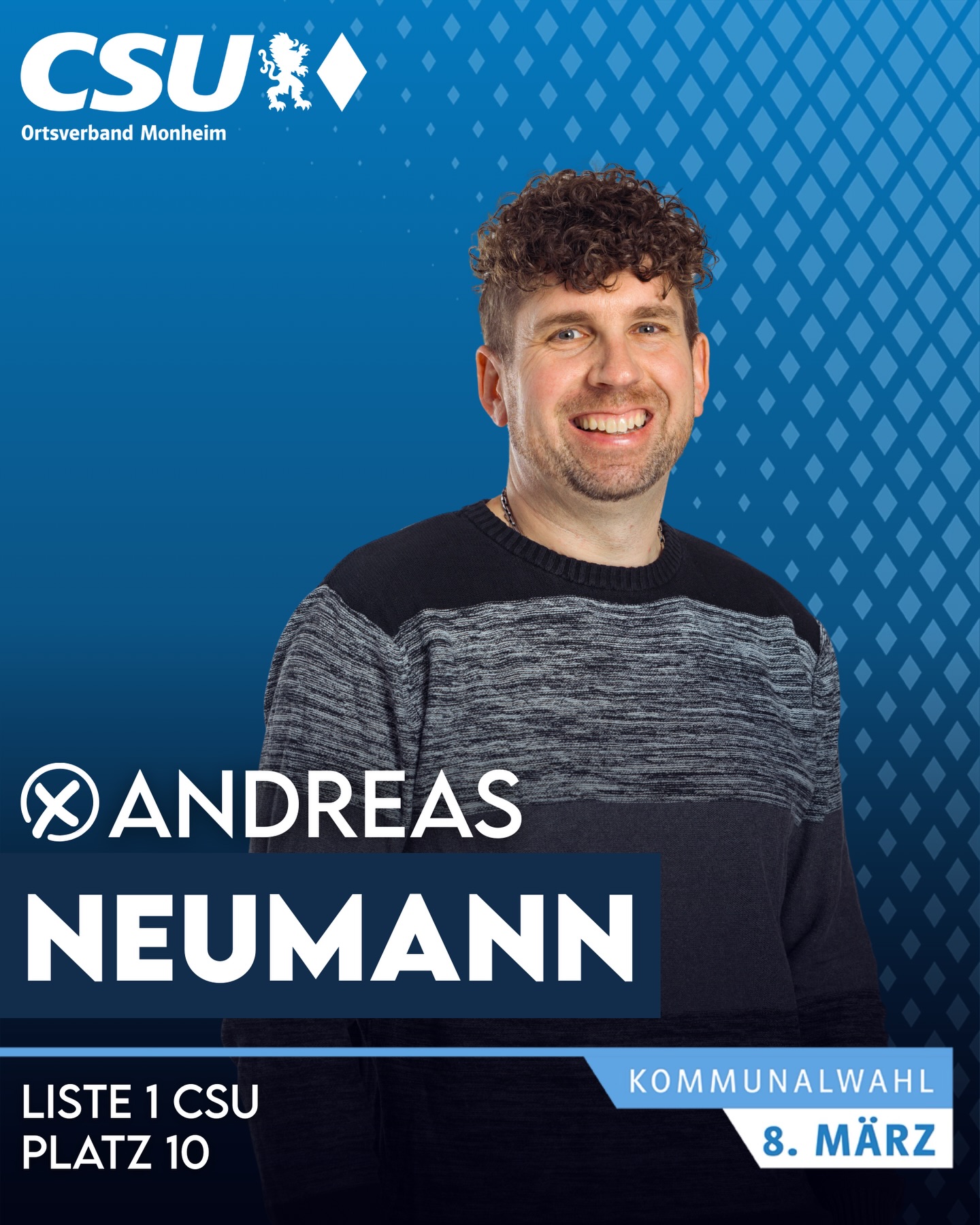 📣Wir stellen vor für den Stadtrat:
👤 Andreas Neumann
🎂 41 Jahre | 💍 verheiratet
💼 Großhandelskaufmann
🏭 Betriebsleiter BayWa Agrar Monheim
🏡 Monheim
🚒 2. Vorstand Freiwillige Feuerwehr Monheim
⛪ Kath. Kirchenverwaltung Monheim
💰 Kassier RK Weilheim-Rehau
🌾 Landwirtschaft
🗳 Kommunalwahl 8. März
➡️ Liste 1 CSU – Platz 10
#csu #monheim #bayern #stadtrat #kommunalwahl