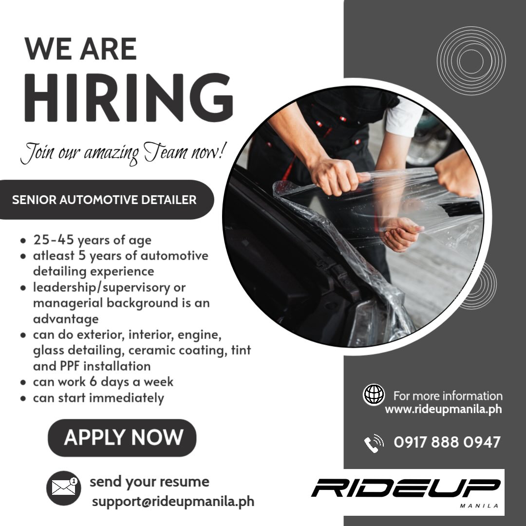 We want you!
🔵Send your CV to support@rideupmanila.ph for screening and scheduling of job interview.
🔵Walk-in applicants are also welcome. Bring the latest copies (2) of your CV and get screened for your desired job designation at the shop. Screening time is 8 to 11AM daily.
RIDEUP MANILA
108 President's Avenue BF Homes, Paranaque
09178880947
0276161888
support@rideupmanila.ph
www.rideupmanila.ph
Waze: RIDEUP MANILA BF Paranaque
Operating Hours: 8AM to 8PM - Mondays to Sundays
#RUM #RideUpManila #SeniorAutomotiveDetailer #gettingahead