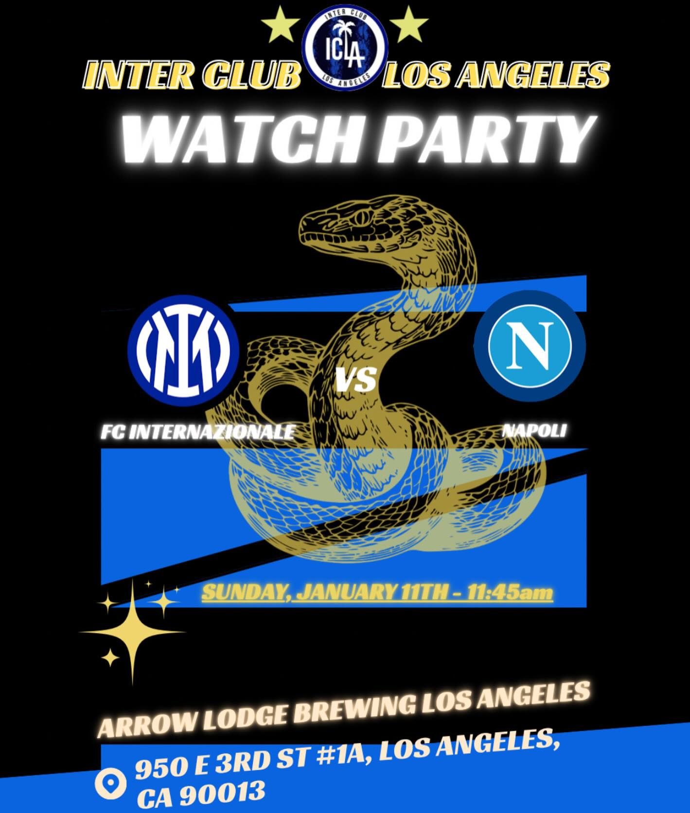 Good afternoon Interisti,
One of the most pivotal games of the season is upon us!
FC Internazionale - Napoli
Sunday, January 11th - 11:45am
Will be hosted at the Arrow Lodge Brewing Los Angeles:
950 E 3rd St #1A, Los Angeles, CA 90013
Join us for the thrill of the game!
AVANTI INTER! ⚫️🔵
#inter #interclublosangeles #fcinternazionale #curvanordmilano