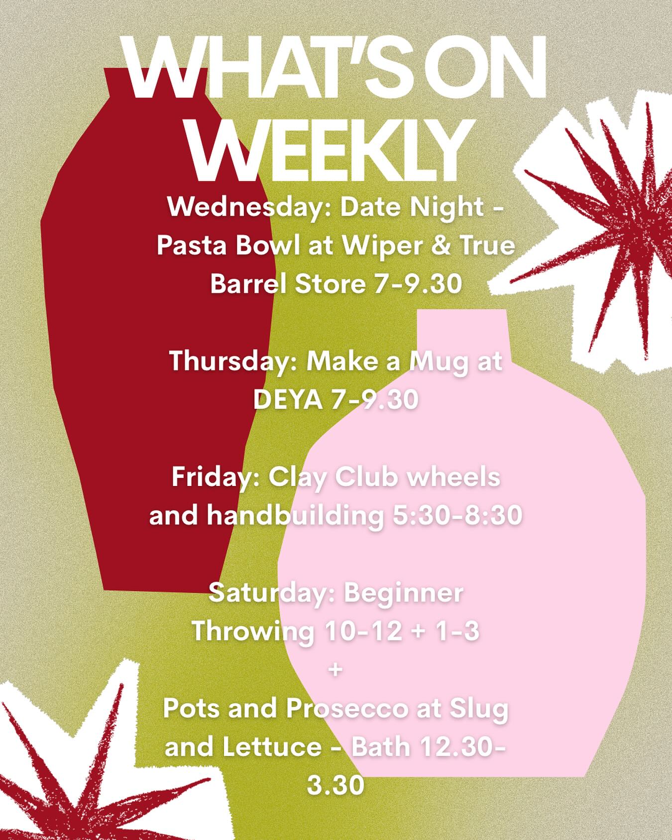 ✨What’s on this week?✨
✨Were back in Cheltenham this week at @deyabrewerytaproom to make some mugs✨
✨This is just a slice of what we’re up to! Have a lookie at our website for our full calendar and to grab tickets✨
✨We have discounts available for students and those on low income, so come along and make some pottery!✨