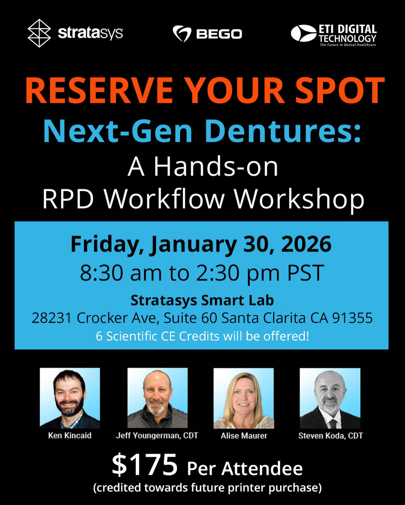 Next-Gen Digital RPD Workflow Workshop - Hosted by Stratasys, ETI Digital Technology and BEGO on Friday, 01/30 at 8:30 AM - 2:30 PM PST
.
Get ready to level up your Digital RPD workflow game at our Next-Gen Workshop! Hands-on, interactive, and super informative - all in one!
.
With the rising cost of labor in today’s competitive market, dental labs are seeking more efficient ways to reduce manual work, increase throughput, and deliver more profitable solutions to their clients.
.
The Stratasys system with the Quicksnap solution makes this possible—cutting traditional workflow steps and turnaround time down by 70% or more while producing a homogeneous, highly esthetic RPD at a fraction of the effort.
.
In this program, you’ll learn the complete digital workflow, including design with exocad and 3Shape software. We’ll demonstrate the simple process of bonding printed components to the RPD, and our Application Engineer will guide you through printing and post-processing.
Following the program, certified exocad and 3Shape trainers will be available to answer advanced questions about their respective technologies.
.
Lunch will be provided and 6 NBC CE Credits will be offered!
.
✍️ Space is limited! Pre-Registration is required! Sign up today: https://bit.ly/4oMyIvG
.
📚 For more information on this exciting workshop, contact ETI Digital Technology today at 714-238-1490 or sales@etidigitaltechnology.com. You can also visit our 🌐 website at www.etidigitaltechnology.com or more information!
.
#Shining3D #Exocad #Roland #RolandDGA #DGSHAPE