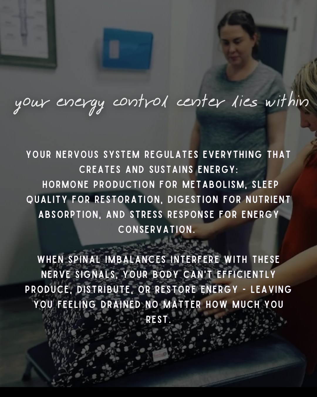 Your energy is not just about sleep, caffeine, or willpower.
ㅤ
It is neurologically controlled.
ㅤ
Your nervous system regulates
⚓ hormone production for metabolism
⚓ sleep quality for restoration
⚓ digestion for nutrient absorption
⚓ stress response for energy conservation
ㅤ
So many people think they are just “tired.”
But what if your body is actually struggling to create and restore energy properly?
ㅤ
When spinal tension and nerve interference disrupt those signals, your body cannot efficiently produce, distribute, or restore energy. That is when fatigue becomes chronic, no matter how much you rest. Healing feels slow. Motivation feels forced.
ㅤ
This is why we always start with the nervous system.
ㅤ
DM if your energy feels depleted and you want real, root-based support ✨