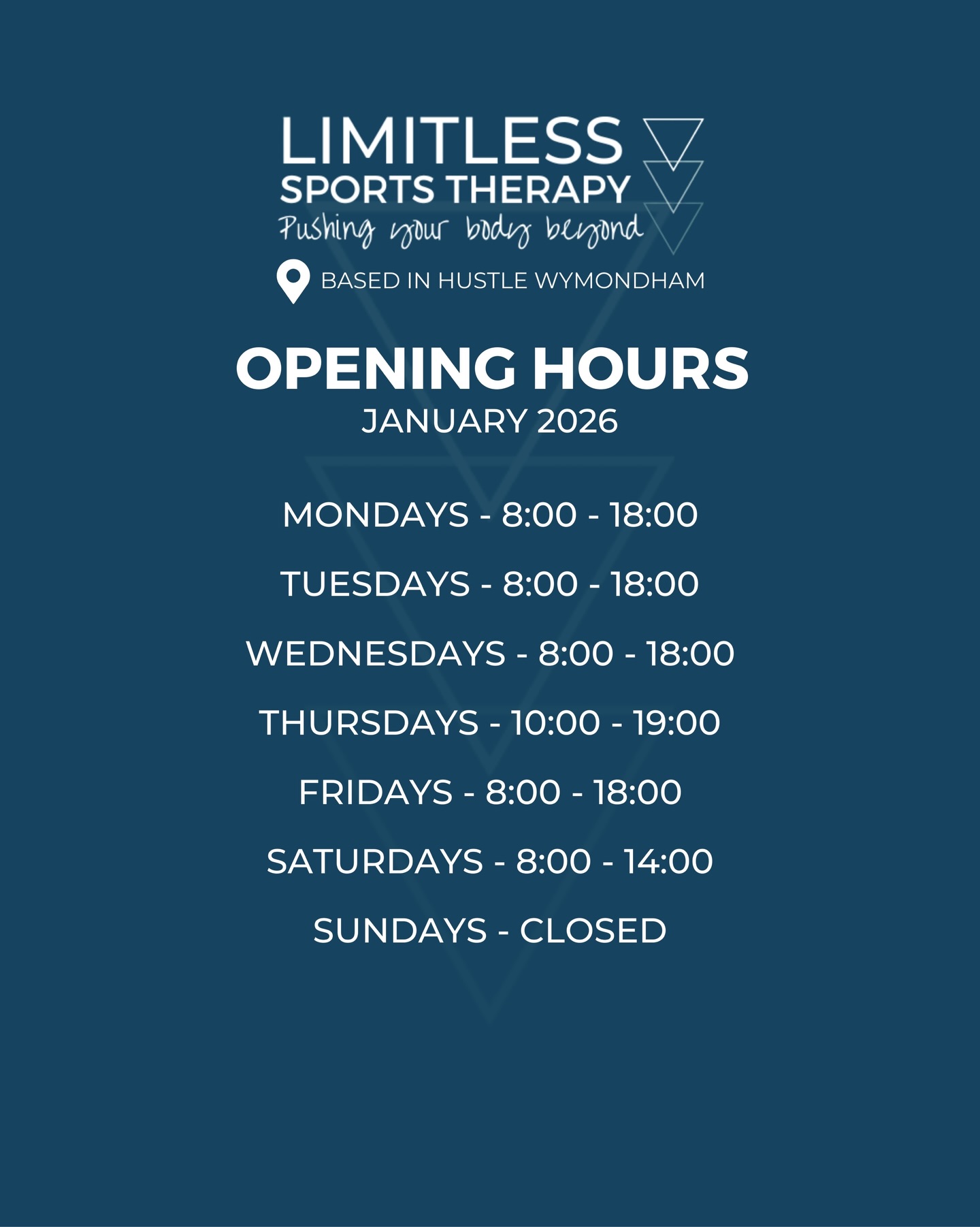 NEW OPENING TIMES 2026
🔹
As of January 2026 we have adjusted our clinic opening times to accommodate more appointment availability for current and news clients
🔹
Mondays - 8:00 - 18:00
Tuesdays - 8:00 - 18:00
Wednesdays - 8:00 - 18:00
Thursdays - 10:00 - 19:00
Fridays - 8:00 - 18:00
Saturdays - 8:00 - 14:00
Sundays - Closed
🔹
#sportstherapy #norfolkbusiness #physiotherapy #pushingyourbodybeyond #rehabilitation