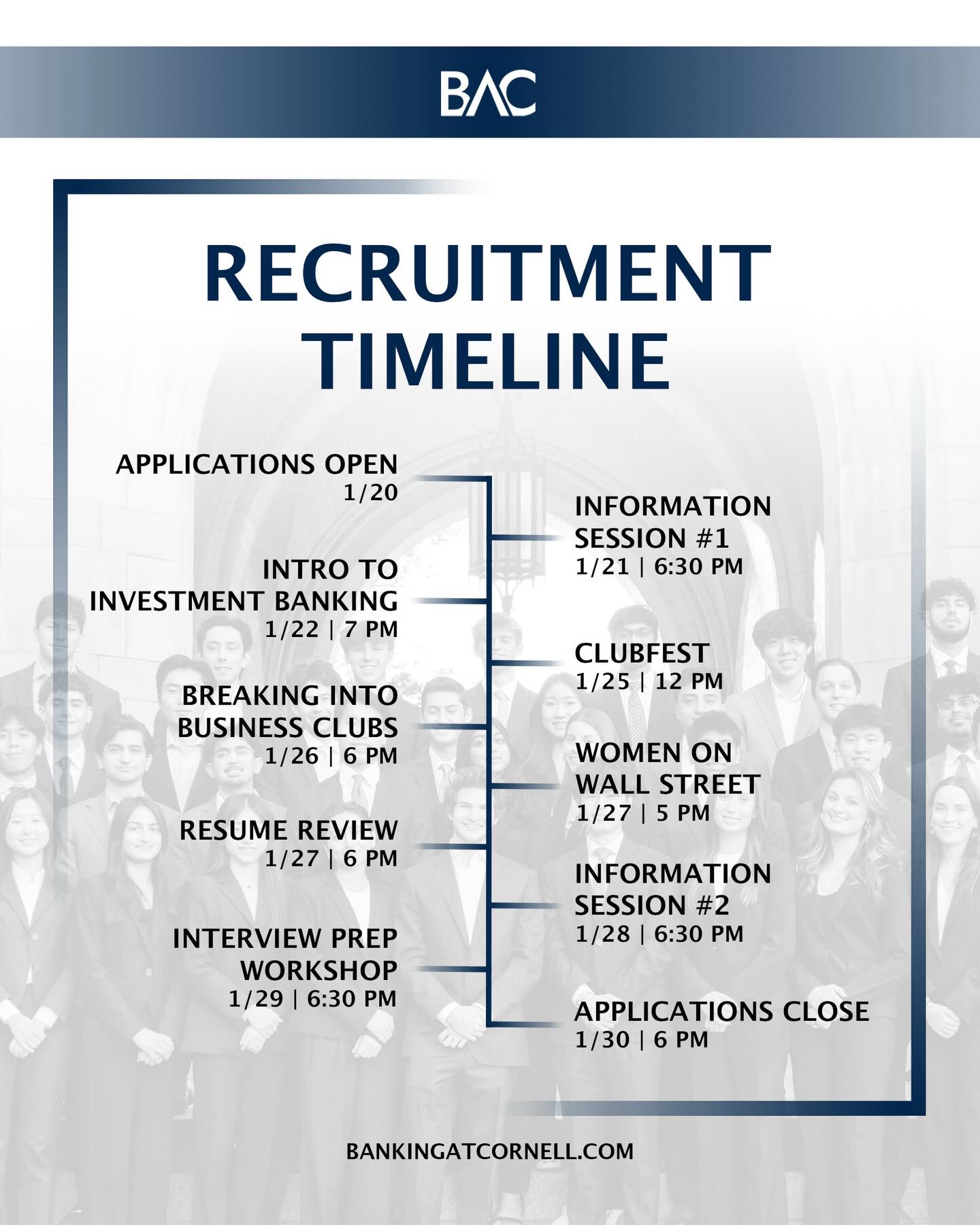 Banking At Cornell is excited to announce its Spring 2026 recruitment timeline! Looking forward to seeing you all at our events 🎉🎉🎉
(Link in bio to import Google Calendar)