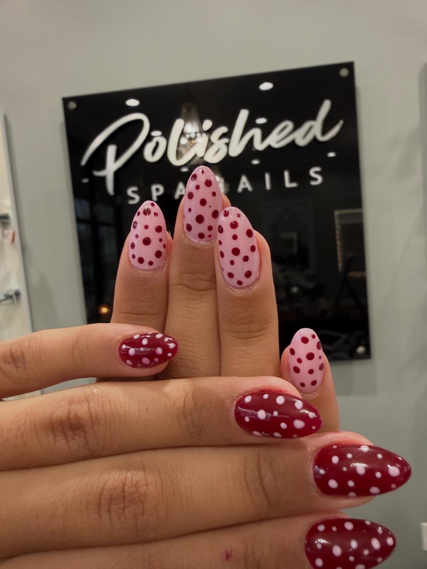Red/Pink Polka Dots Nails โค๏ธ๐ฉท#polishedspanails #polkadotsnails #nailsnailsnails