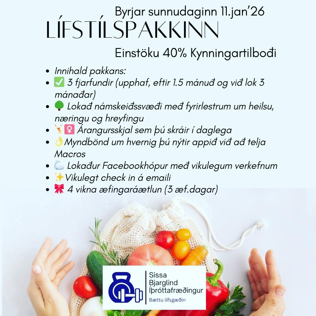 Lífstílspakkinn er á einstöku kynningartilboði í janúar. Við hefjumst handa sunnudaginn 11.janúar 2026 með fjarfundi kl.18:00 🦾
.
Ef þig vantar gott utanumhald, að læra vel á forritið með fyrirlestrum, videoum og jafnvel í persónu, þá hentar prógrammið mitt þér 🎀
.
Við nýtumst við forritið MyFitnessPal til að telja hlutföll matarins sem þú borðar. Með áherslu á að borða nægilega mikið af trefjum og próteini til að missa fitu en á sama tíma að auka styrk 🦾
.
Hentar því öllum aldri, allt frá ungu tvítugu fólki sem vill taka lífstílinn sterkum tökum upp í fólk sem er komið á ellilífeyrisaldur og þarf virkilega að huga að eða breyta sínum venjum til að draga úr vöðvarýrnum 🤸♀️
.
Vöðvarýrnun á sér stað ef þú borðar ekki næg prótein 🥶 Kaldur og ömurlegur sannleikur.
.
En einnig gætu vöðvarnir rýrnað ef þú lyftir ekki nægilega þungt 🦾
.
Þetta helst allt í hendur, en eitt það mikilvægasta sem við gerum dagsdaglega er að velja hvað við borðum ❤️
.
Þar vantar fólki gjarnan hvatninguna og þekkinguna á hvort þau séu að uppfylla nægilega vel próteinþörf til að styrkjast. Eða hvort mataræðinu sé háttað á þann máta að vöðvarýrnun á sér stað, dag eftir dag 🤯
.
Ef svo er, þá eru meiri líkur á að maður þurfi hjálp við daglegar athafnir fyrr en ella. Sem enginn vill þurfa.
Þú munt þurfa fyrr inn á öldrunamiðað heimili, ert líklegri að fá allskyns sjúkdóma og að lífsgæði þín versni og lífaldur styttist 😓
.
Það er eitt að lifa af, en það er annað að lifa með lífsgæðum 🦾❤️
.
Sendu mér línu á heilsulifstillsissu@gmail.com ef þú vilt skrá þig ✅