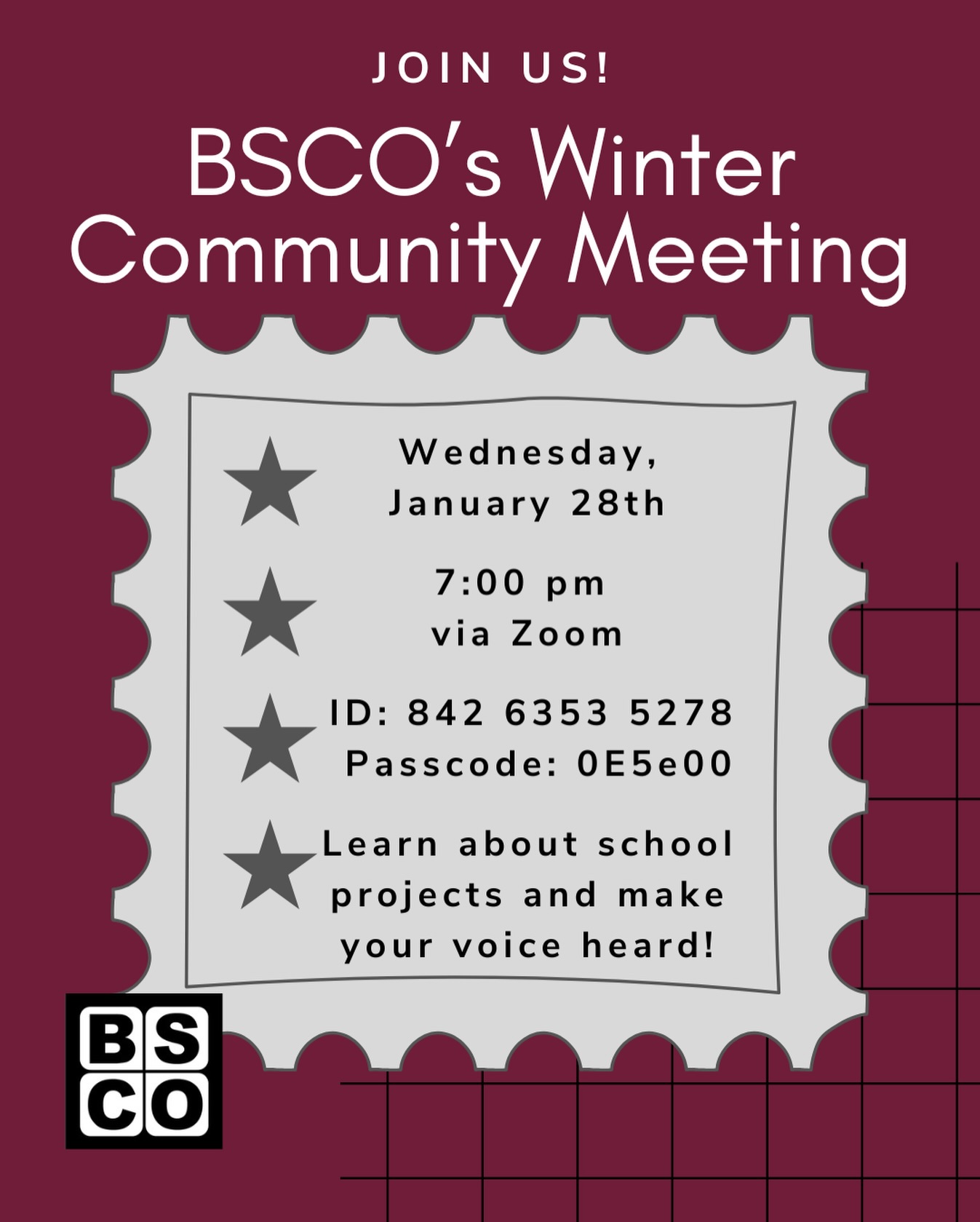 Save the date! BSCO’s winter community meeting is 2 weeks away! 🗓️ We invite everyone to join us via Zoom on Wednesday January 28th at 7 pm 💻 We’ll discuss upcoming events and projects, funding, and other happenings at school. Looking forward to chatting with you then! 🗣️