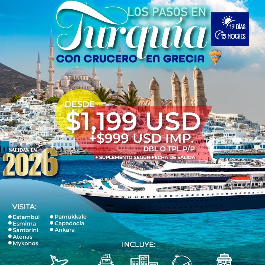 โจ๐น๐ท๐ฌ๐ท **Los Pasos en Turquรญa con Crucero en Grecia**
Un viaje รฉpico entre historia, cultura y paisajes de ensueรฑo ๐โด๏ธ
๐๏ธ **17 dรญas / 15 noches**
๐ฐ **Desde $1,199 USD + $999 USD imp.**
๐ฅ Precio por persona en base doble o triple
โ๏ธ **Salidas 2026**
๐ **Visitando:**
Estambul, Esmirna, Pamukkale, Capadocia, Ankara, Santorini, Atenas y Mykonos
โ
Incluye:
โ๏ธ Vuelos internacionales
๐จ Hospedaje
๐ Traslados
๐ฝ๏ธ Alimentos
๐ข Crucero en Grecia
๐ฒ **Informes y reservaciones por WhatsApp:**
๐ **81 1658 1188**
**Travel Ticket | Tu agencia de viajes de confianza**
#Turquรญa #Grecia #Crucero #Viaje2026 #TravelTicket
---
