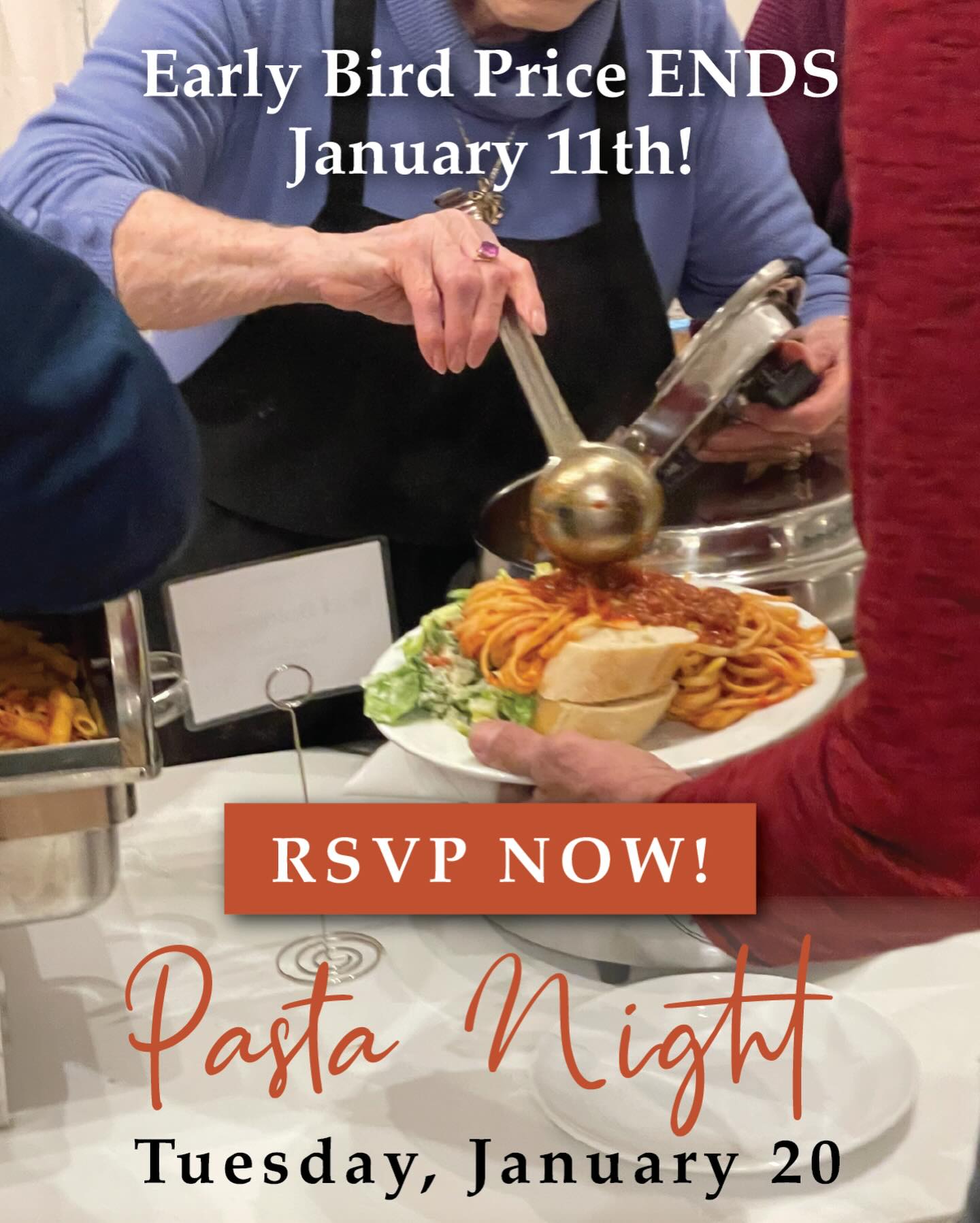 ⏳ Two Weeks Until Pasta Night!
And here’s your friendly reminder: only 5 days left to lock in Early Bird pricing at $25.
After that, tickets go up to $30 — so grab yours early and save!
We can’t wait to cook up something delicious for you.
Date: Tuesday, January 20, 2026
Time: 4:30-6:30 PM
Menu: 🥖 🥗 🍝 🍪
(Bread, Salad, Two Types of Pasta, Two Sauces & Sweets)
Location: 1174 Italia Lane, Kingston
RSVP now: icckingston.com
#PastaNight #EarlyBirdSpecial #ICCKingston #KingstonEvents