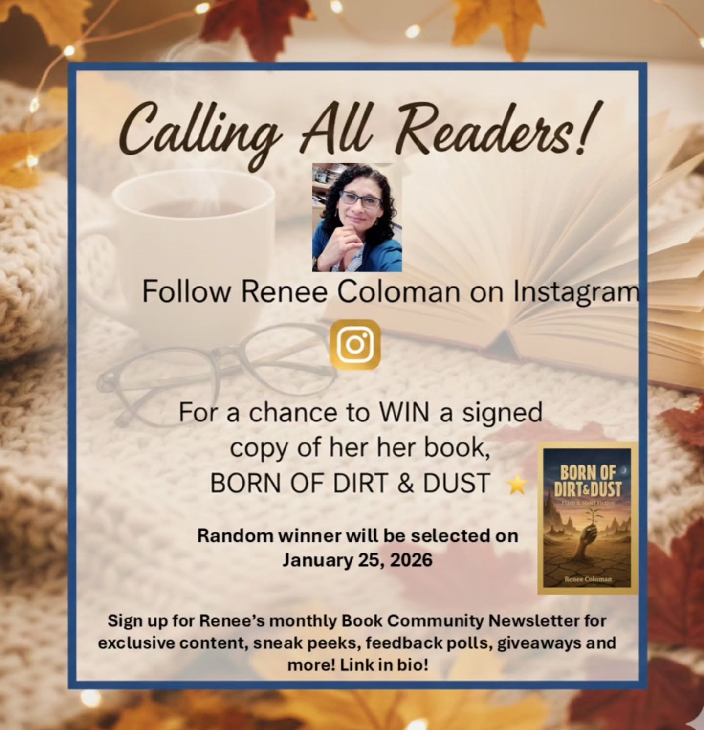 A friend giving friends a gift 😊
Let's connect & follow each other ... I'll add your name for a chance to win a signed copy of my newest book, Born of Dirt & Dust.
Friends supporting friends who love to read & write.
Follow me @13xthirteen
You can always learn more about me at rcwriter-pen-ink-suffering.com
😊😊😊😊😊
#books #writing #reading #community #friendship
Hello friends @writersfamilye ... you came recommended. Yay!