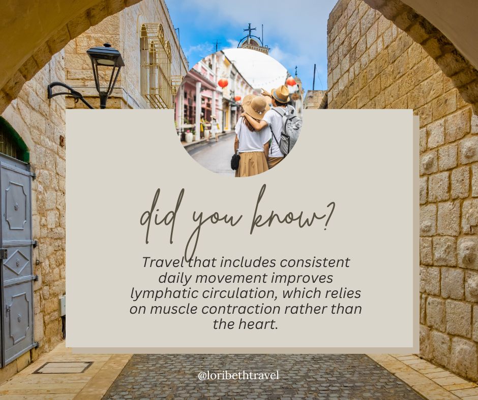 Did You Know?
Consistent movement while traveling supports lymphatic circulation, which relies on muscle movement—not the heart—to function properly.
Walking cities aren’t just charming—they’re therapeutic.
#loribethtravel #holisticwellness #wellnesstravel #movementmedicine