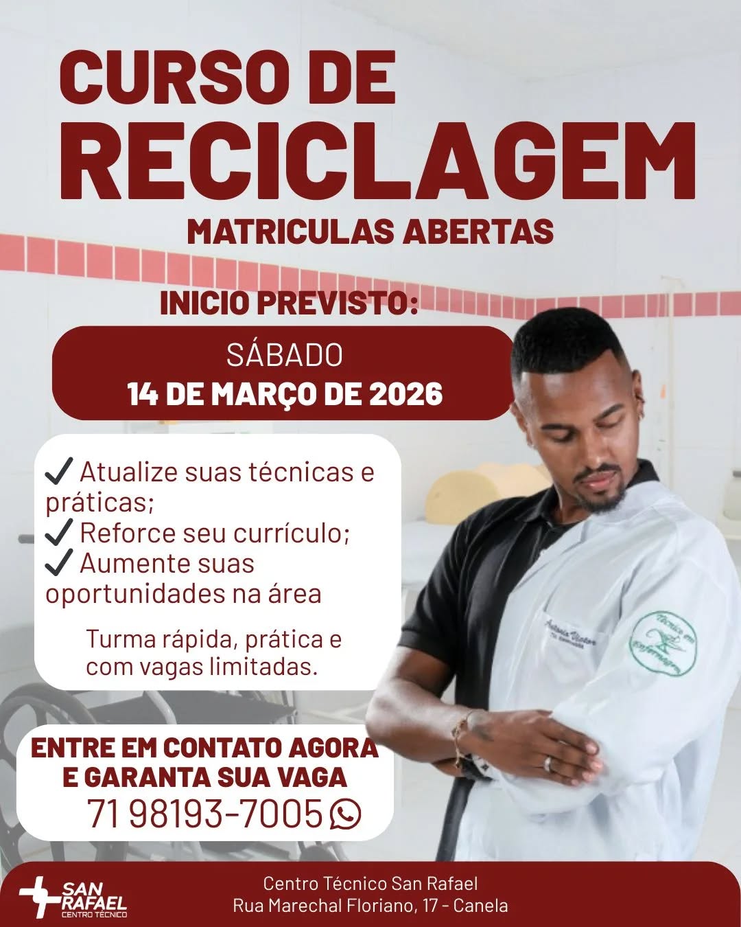 Atualização do Técnico de Enfermagem
Manter-se atualizado é essencial para quem atua na área da saúde! O curso de Atualização do Técnico de Enfermagem é voltado para profissionais que desejam aprimorar seus conhecimentos, acompanhar as novas práticas, protocolos e tecnologias, além de reforçar a segurança e qualidade no atendimento ao paciente.
É a oportunidade de se destacar no mercado, conquistar novas oportunidades e prestar um cuidado ainda mais humanizado e eficiente!
#EnfermagemAtualizada #TécnicoDeEnfermagem #SaúdeComQualidade #CapacitaçãoProfissional