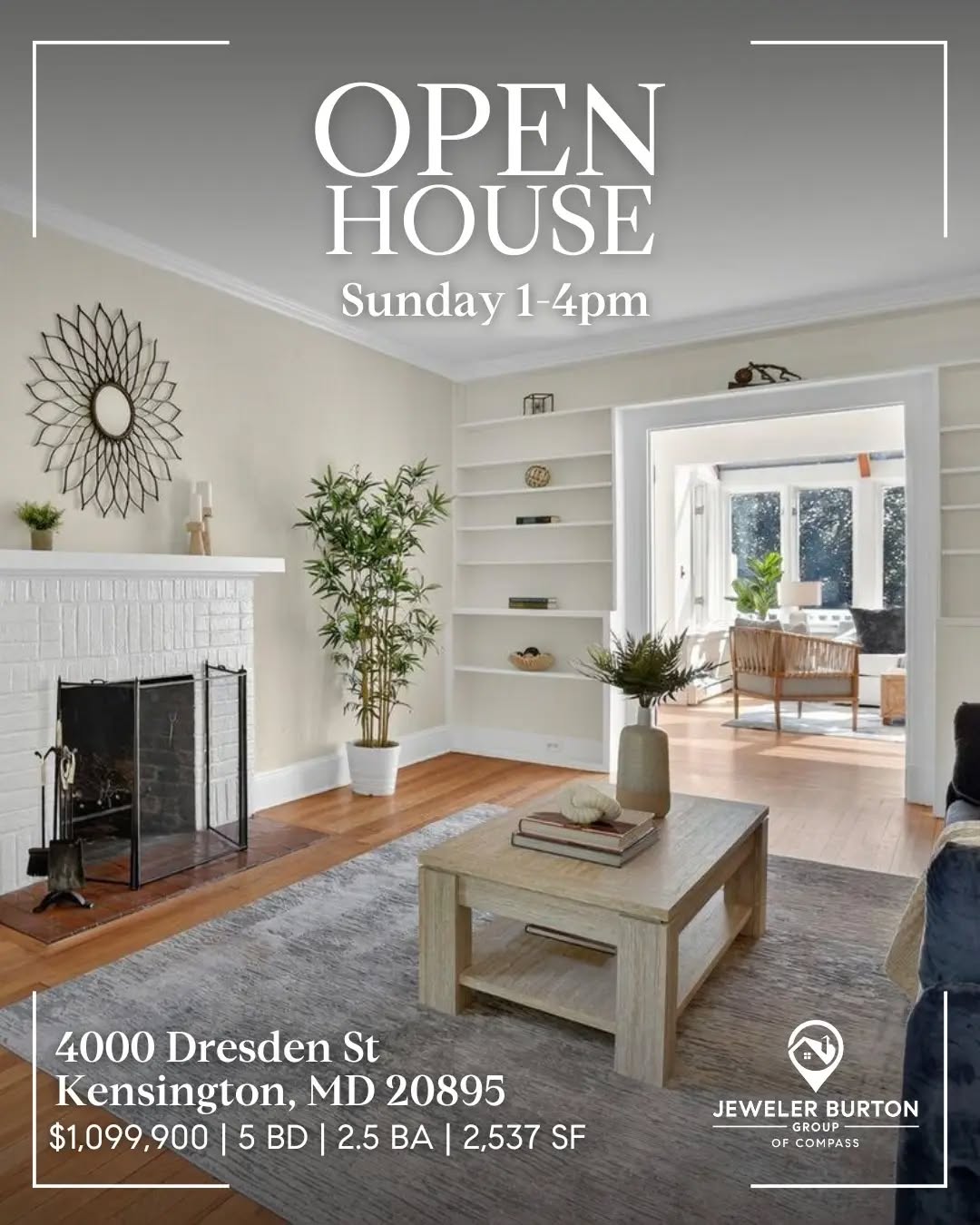 OPEN HOUSE — SUNDAY, JAN 11 | 1–4 PM
4000 Dresden St
Kensington, MD 20895
$1,099,900 | 5 BD | 3 BA | 2,537 SF
A rare opportunity on one of Chevy Chase View’s most desirable streets. Classic 1929 character, generous room sizes, and a 20,000+ SF lot on a wide, elevated block. A true blank canvas in a premier Kensington location.
Join us this Sunday from 1–4 PM to tour the home and explore the potential in person.
Schedule a private showing or get more details:
JT Burton
jt.burton@compass.com
(301) 928-3456
#JewelerBurtonGroup #CompassDMV #OpenHouse #KensingtonMD #ChevyChaseView