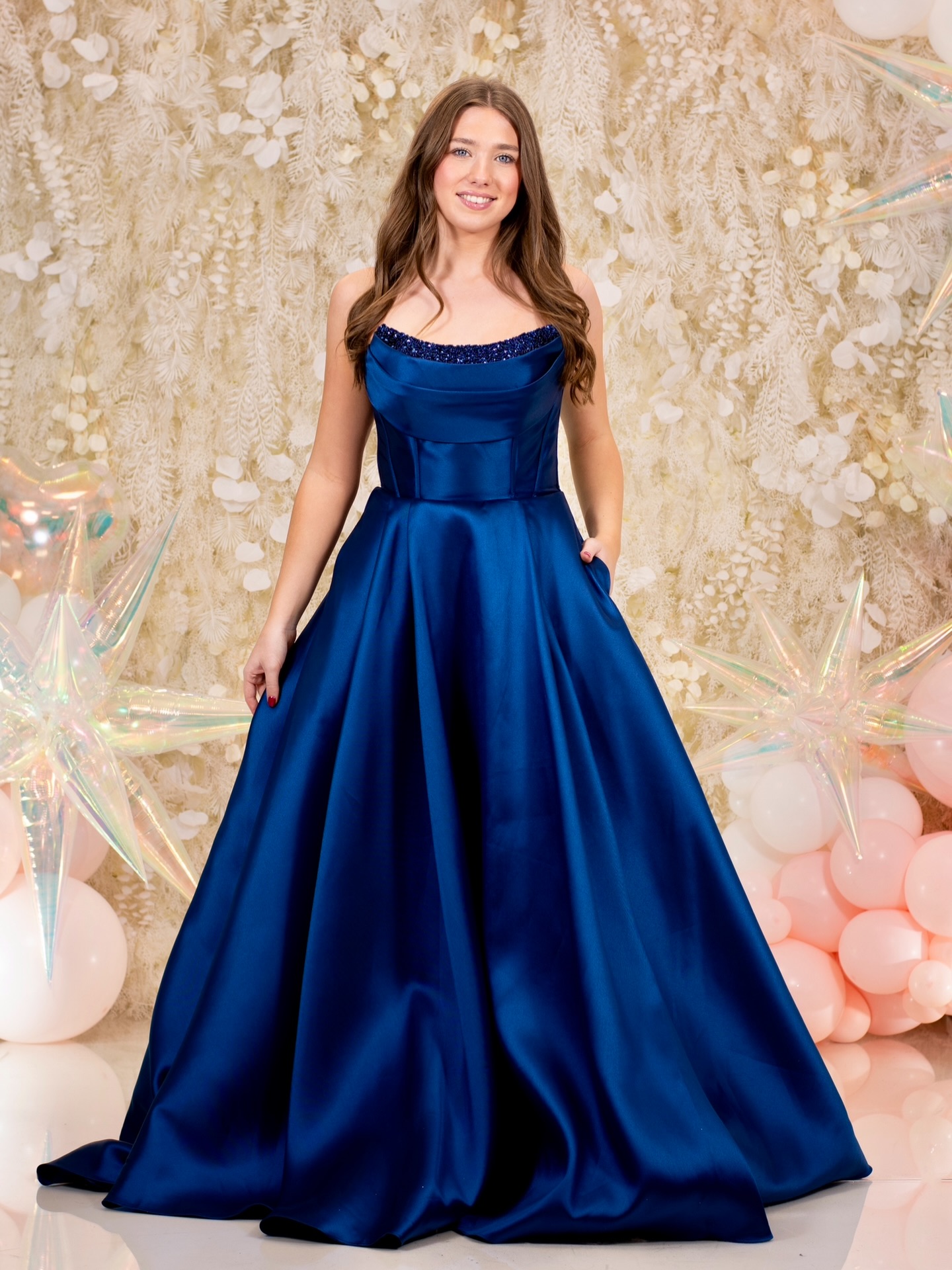 NICHOL in Navy beautiful Mikado satin so elegant and classic with beautiful bust beading detail.
#prom2026