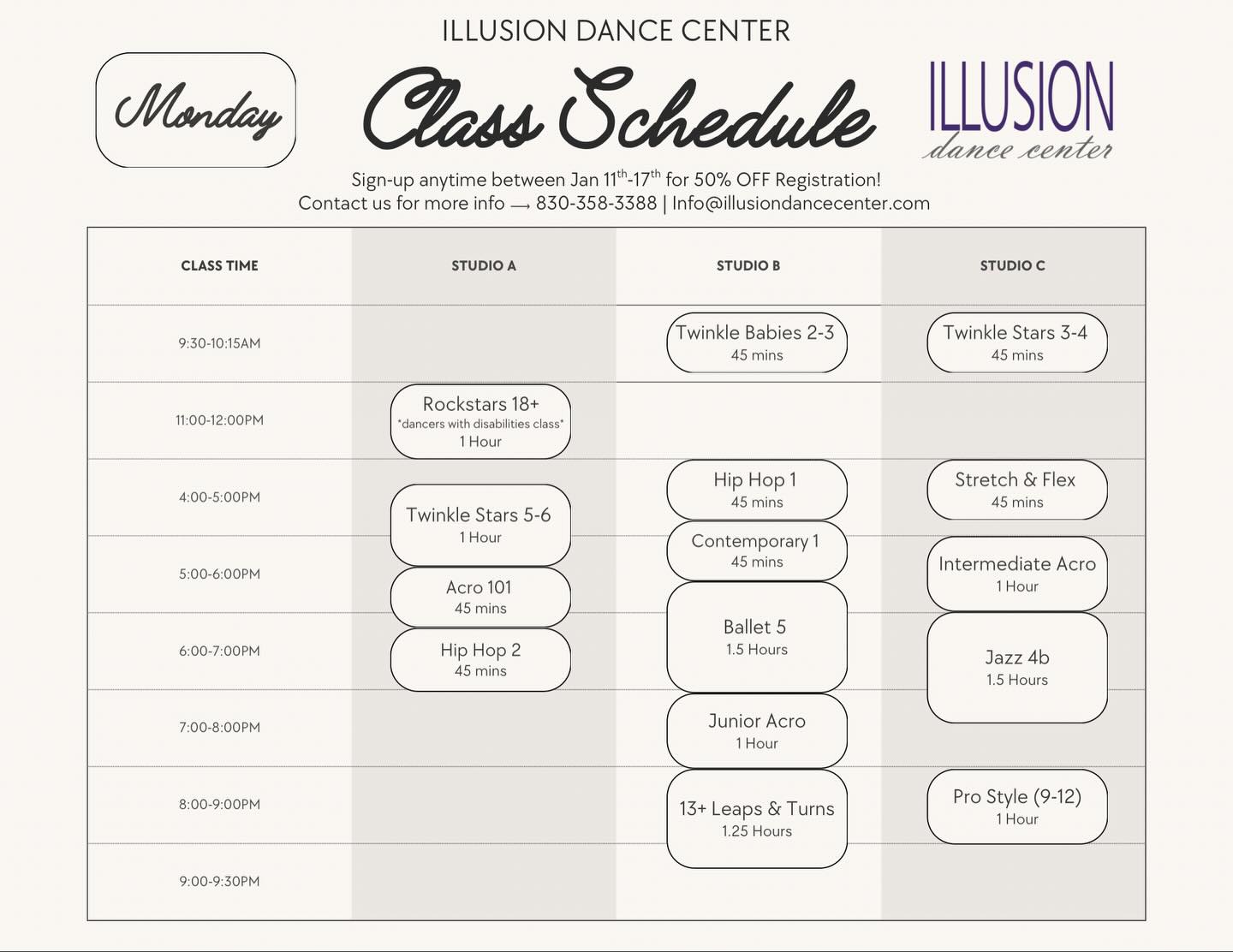 Happy Monday!
Join us for classes tonight⭐️
We are still offering our New Year Special of 50% off registration! Contact the studio to set up a free trial for your dancer💜