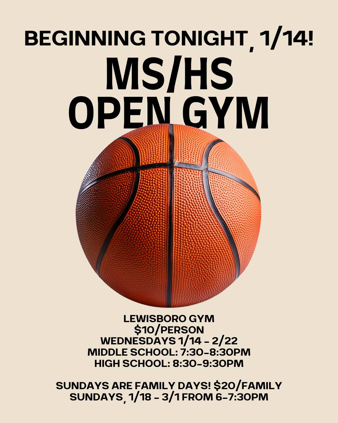$10/player, cash is accepted at the door!
We hope to see you tonight for the first night of Open Gym for middle & high schoolers at LES. ๐
