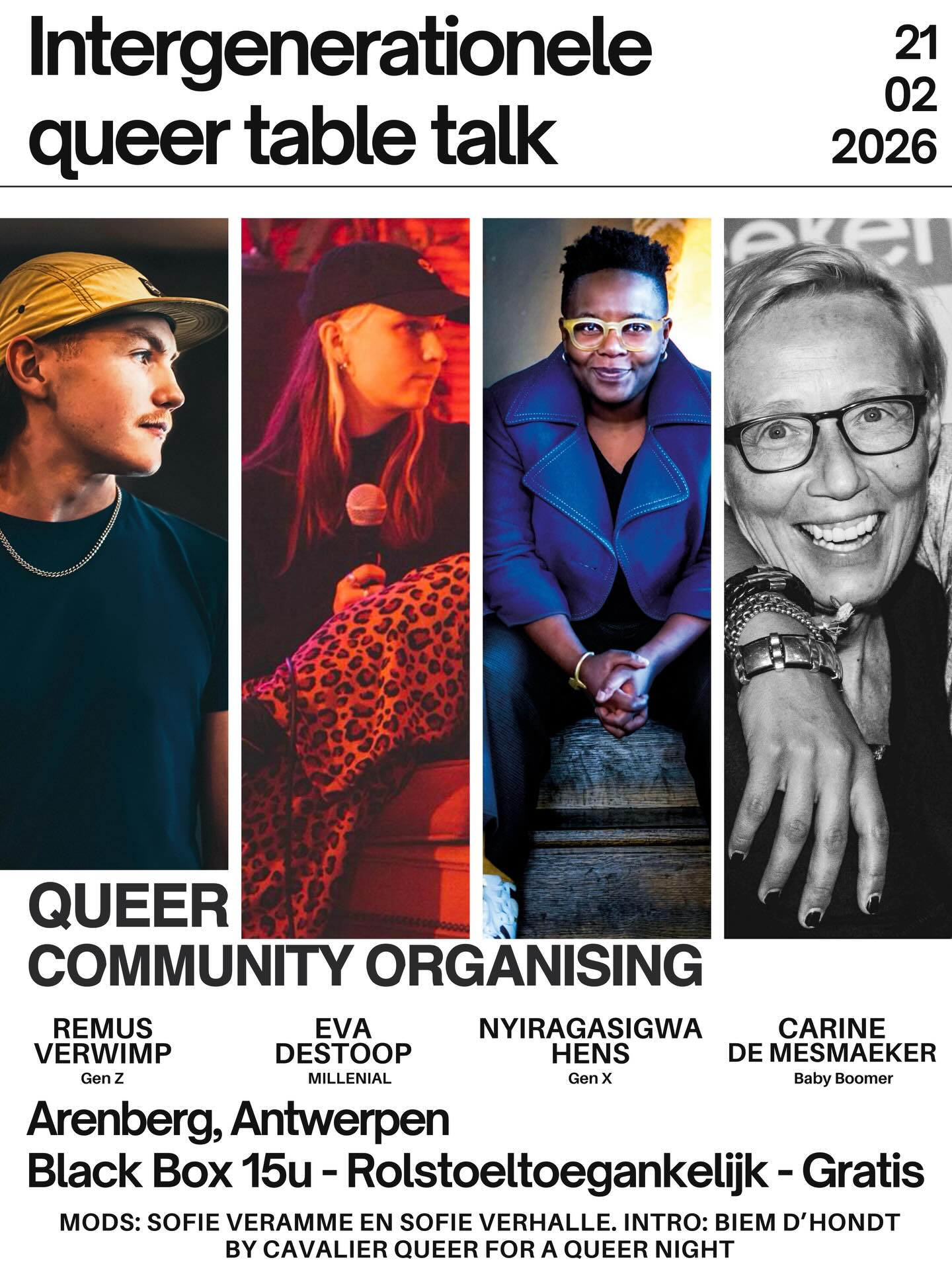 Intergenerationele Queer Table Talk 2: QUEER COMMUNITY ORGANISING by CQ voor A Queer Night in @arenberg_antwerpen
🗓 21/02 om 15u
🎟 Gratis
♿ Rolstoeltoegankelijk
🔗 Inschrijven via link in bio, Arenberg of CQ
Pride is protest en feest, herdenking en toekomstvisie. Voor sommigen een moment van collectieve vreugde en zichtbaarheid, voor anderen een noodzakelijke politieke interventie in een wereld waarin queer levens nog steeds onder druk staan.
Gastsprekers
@r.r.remus (Gen Z) is jongerenwoordvoerder bij @wel.jong en vertrekt vanuit de vraag wat jongeren nodig hebben om zichzelf te kunnen zijn, samen met anderen.
@dagmerrie (Millenial) is medeoprichter van @blond_gent en @meldet_org . Vanuit hun werk rond grensoverschrijdend gedrag brengt die ervaring met grassroots organiseren, zorgpraktijken en collectieve actie buiten institutionele kaders.
@nyiragasigwa_hens_ (Gen X) is mede-initiatiefnemer van @pride_of_color @behumanvzw @rwanda_en_zo_veel_meer en @happycrappyqueers. Ze onderzoekt wat het vandaag betekent om Queer POC te zijn, en welke rol ze nog kan en wil opnemen.
Carine De Mesmaeker (Babyboomer) is organisator en producent van queer vrouwenruimtes. Met initiatieven als @velvet69 in Brussel en @velvetibiza bouwde ze internationale ontmoetingsplekken voor lesbische en queer vrouwen, op momenten en plaatsen waar die structureel schaars zijn geworden.
Moderatoren
@tot_zover (Millenial) is digitaal strateeg bij Werkplaats Immaterieel Erfgoed, actief binnen Gentse queer grassroots initiatieven zoals @queer.book.club.ghent en trekt ze mee de oprichting van het Gentse Regenbooghuis.
@lamazone (Gen X) is digitaal strateeg die organisaties ondersteunt bij het toegankelijker en rechtvaardiger maken van taal en digitale omgevingen, en begeleidt hen in veranderingstrajecten die vertrekken vanuit diversiteit en betrokkenheid.
Intro:
@biemdhondt (Millenial) is politicoloog, kunstenaar en projectcoördinator bij CQ en verbindt de gesprekken met bredere contexten rond queer erfgoed en archivering.
De IQTT’s worden gefilmd en gefotografeerd. Met steun van verschillende culturele en erfgoed instellingen en de Vlaamse Overheid.
#tabletalk