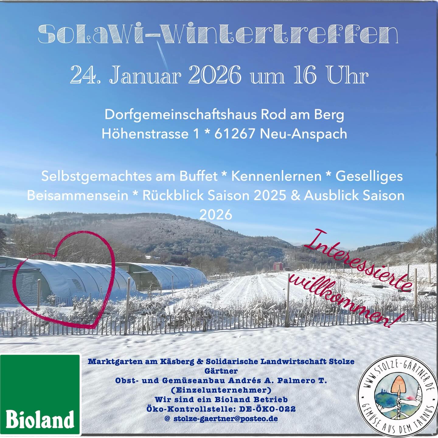 Kommt und lernt die Bioland-SoLaWi Stolze Gärtner kennen. Gemeinschaft und Gemüse im Taunus! 24.1.26 um 16 Uhr im DGH Rod am Berg. #solawi #bioland #taunus #neuanspach #schmitten