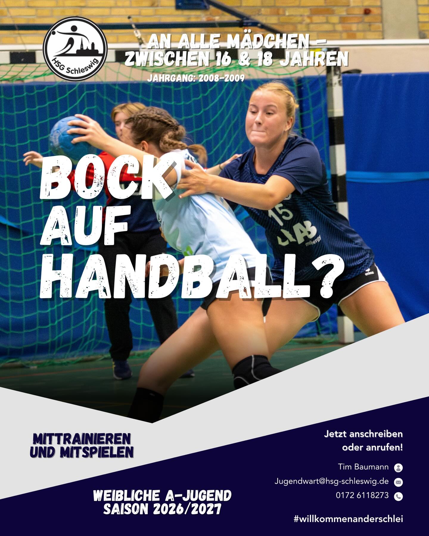Handball in 3, 2, 1 …!
Für die Saison 2026/2027 möchten wir eine weibliche Jugend A bilden und den Mädels des Jahrgangs 2008 und jünger eine sportliche Heimat sein.
Du bist 16-18 Jahre jung und hast Bock auf Handball?
Ob langjährige Erfahrung oder neu dabei - wir freuen uns auf Dich bei der HSG! 💙🤍
Selbstverständlich freuen wir uns auf Spielerinnen und Spieler aller Jahrgänge - ob Mädchen oder Jungs! 🙏
Es warten auf dich 2x Training pro Woche, Spielbetrieb, Turniere, Teamevents und qualifizierte Trainerteams. Trainerteams, die Lust haben dich auf deinem sportlichen Weg zu begleiten und entwickeln. 😊
Melde dich gerne bei uns und freue dich schon jetzt auf eine neue Handballsaison! 🤾♀️
#hsgschleswig
#willkommenanderschlei
