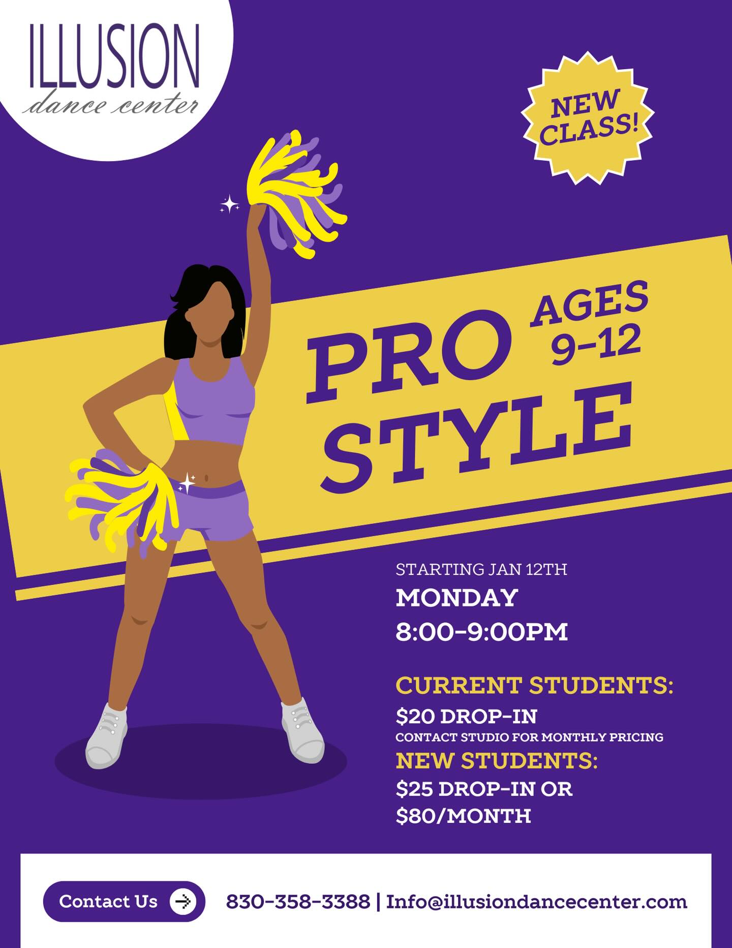 TIME CHANGE‼️‼️
Our 9-12 Pro Style Class time has changed! This class will be held on Monday 8:00-9:00 starting Jan 12⭐️
We also have our 13+ class on Thursday evenings 6:45-8:00PM.
This class does not perform in our spring recital and allows drop-ins, so it’s the perfect class for dancers looking for a low commitment class! Come live out your DCC dreams with us🤩
Register online or contact the studio!